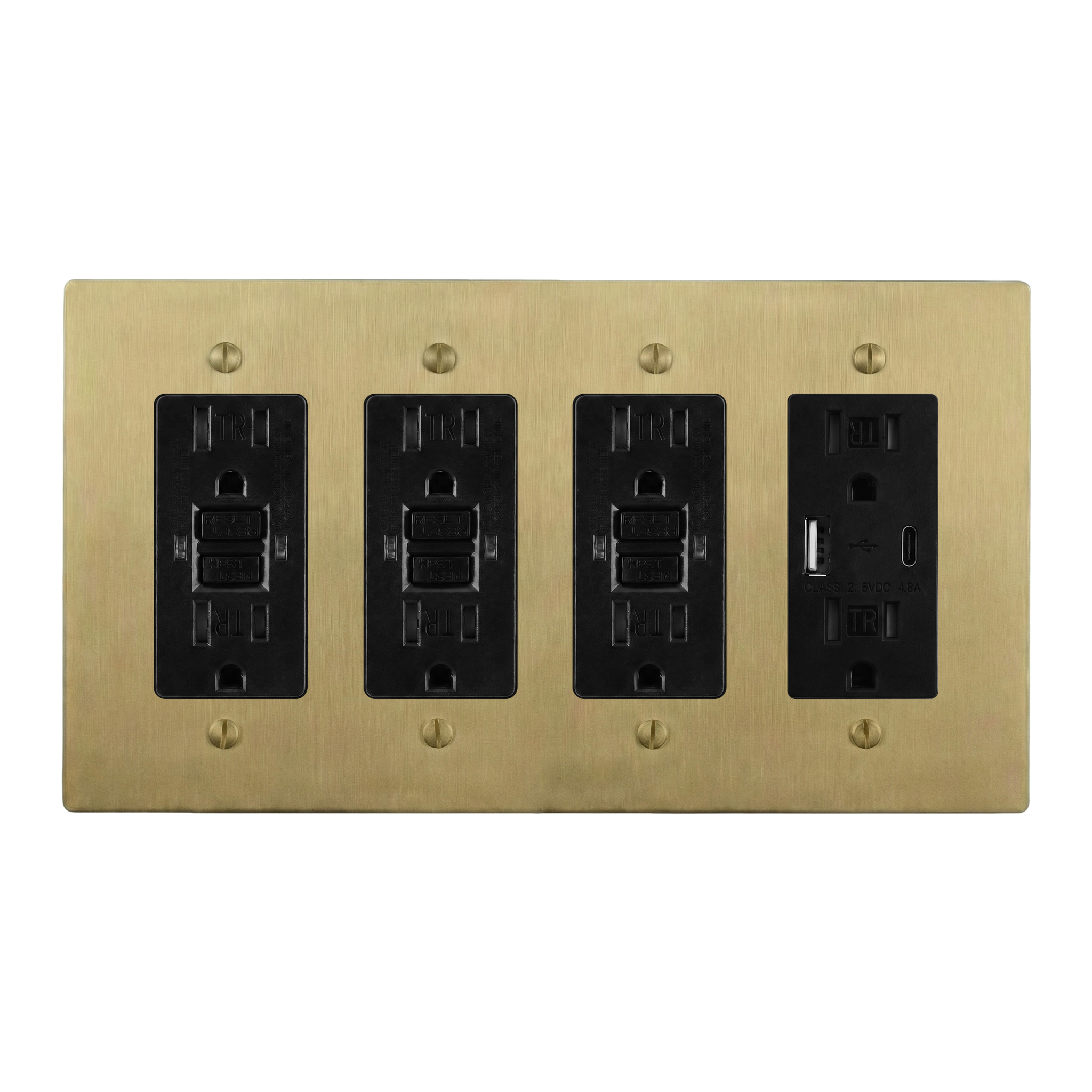 Satin Brass 4-Gang GFCI Outlet, GFCI Outlet, GFCI Outlet & USB Outlet Switch Plate in Black