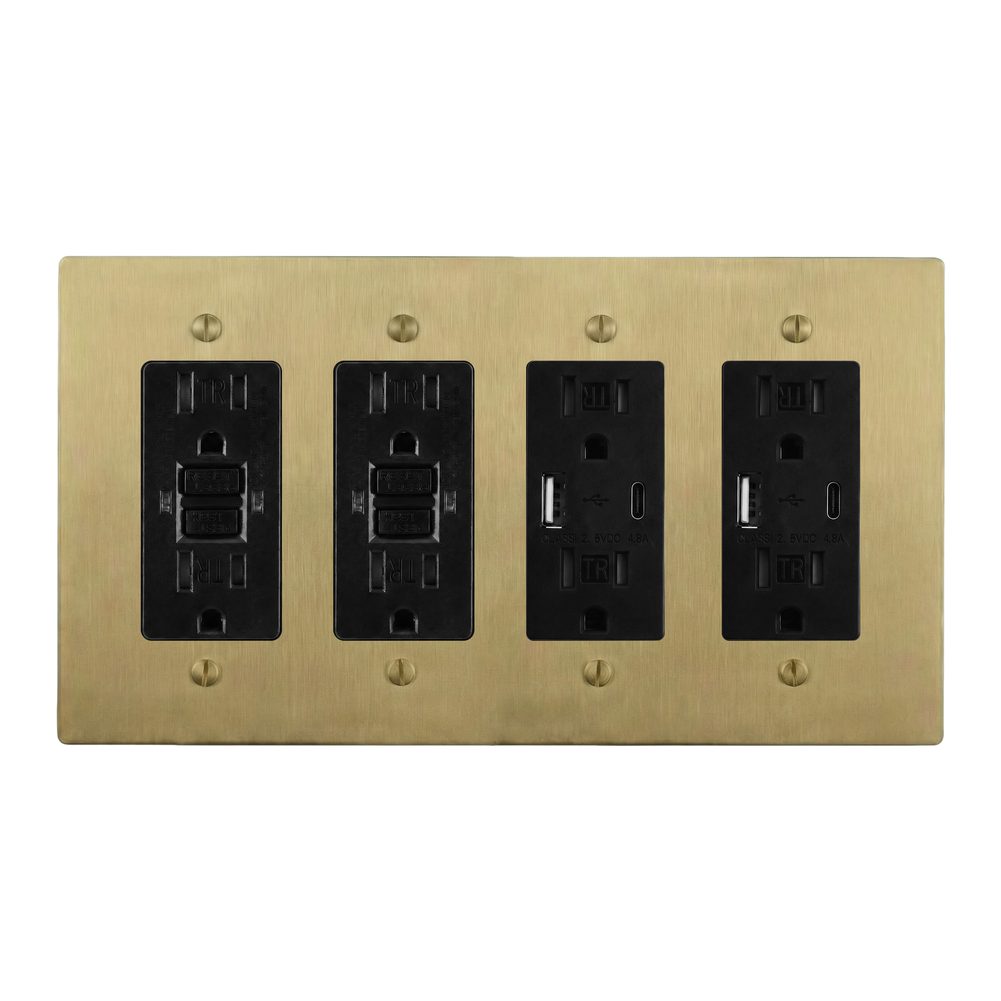 Satin Brass 4-Gang GFCI Outlet, GFCI Outlet, USB Outlet & USB Outlet Switch Plate in Black