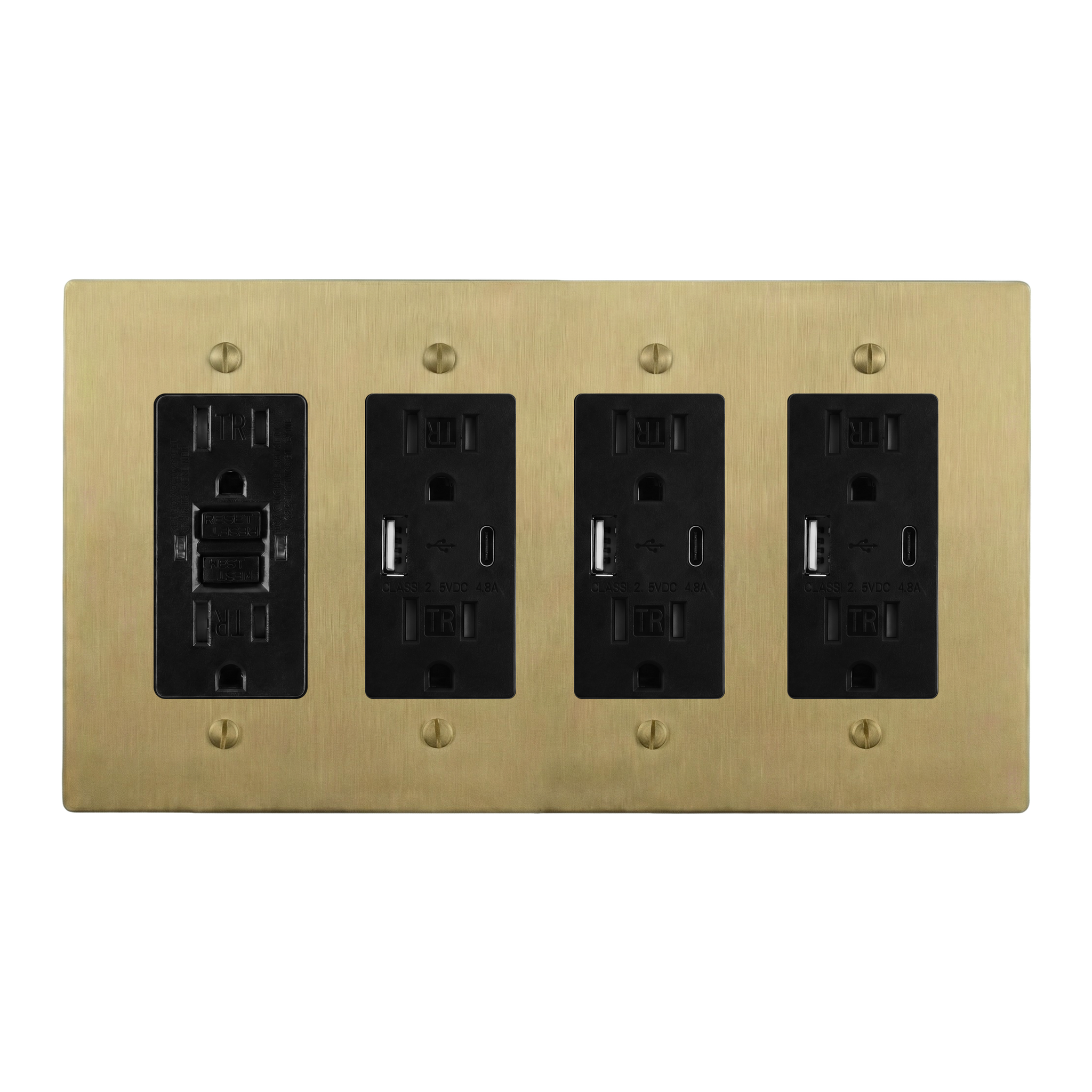 Satin Brass 4-Gang GFCI Outlet, USB Outlet, USB Outlet & USB Outlet Switch Plate in Black