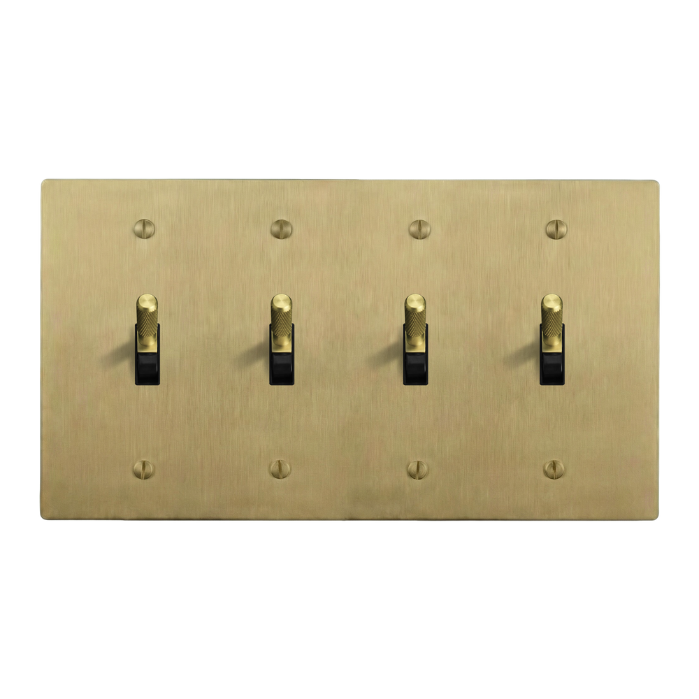 Satin Brass 4-Gang Toggle, Toggle, Toggle & Toggle Switch Plate in Black