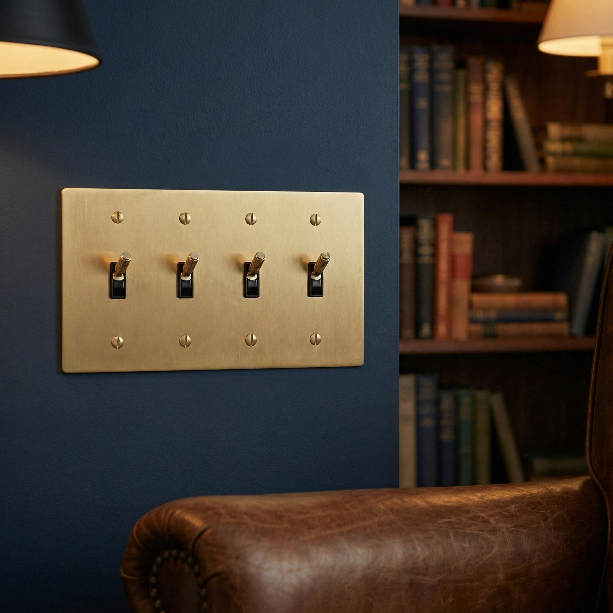 Satin brass 4 gang toggle switch plate on a navy wall in an elegant study with a leather chair and bookshelves.