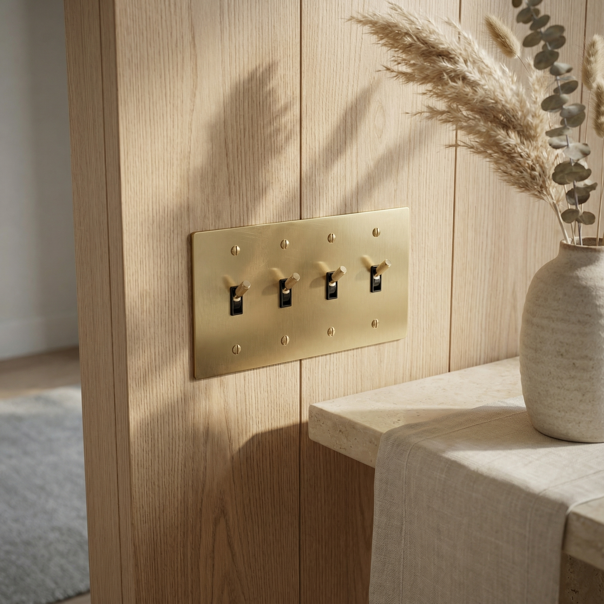 satin brass 4 gang toggle switch plate on wood paneling, elegant room with botanicals, timeless design.