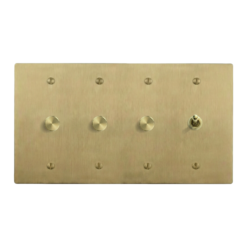 Satin Brass 4-Gang Dimmer, Dimmer, Dimmer & Vintage Toggle Switch Plate