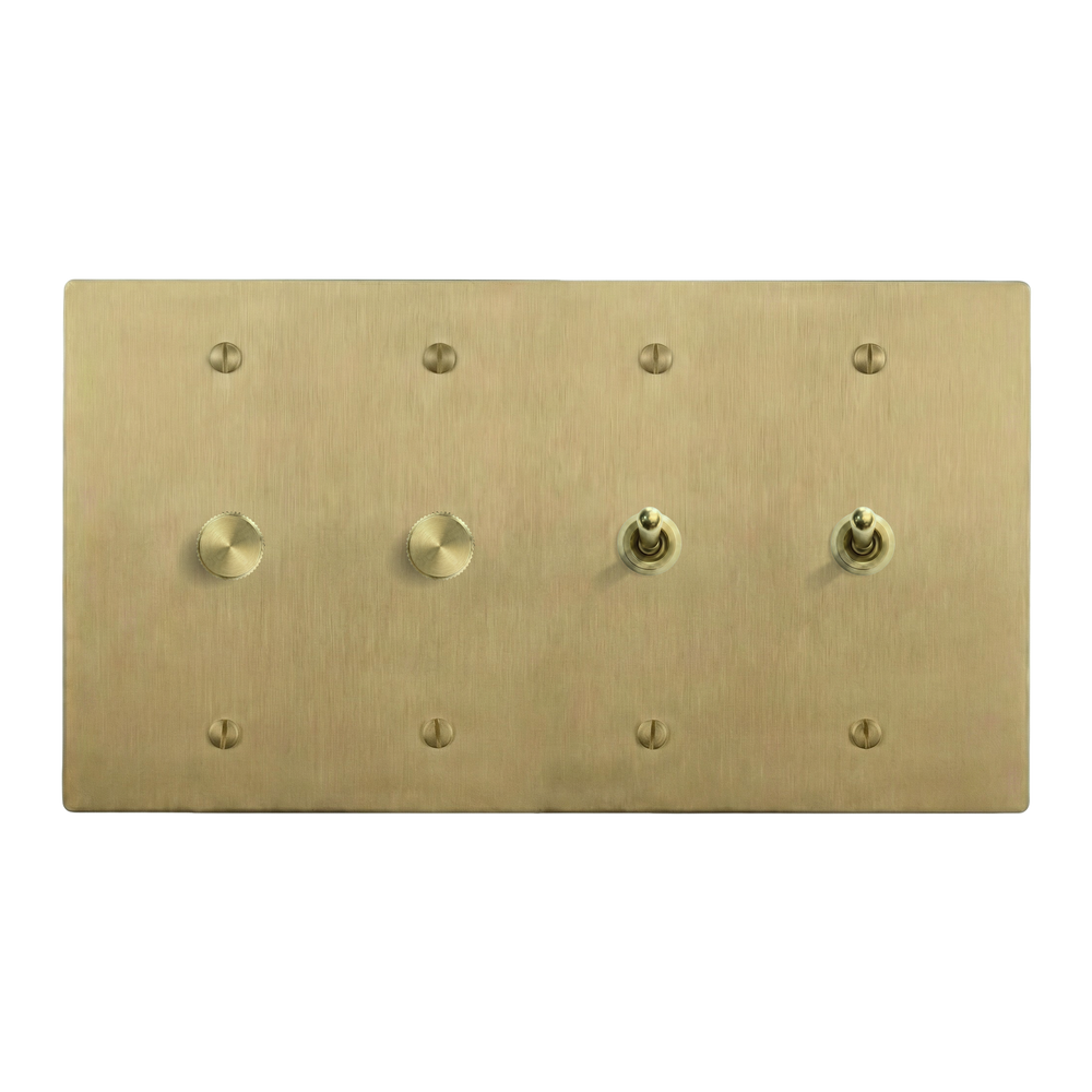 Satin Brass 4-Gang Dimmer, Dimmer, Vintage Toggle & Vintage Toggle Switch Plate