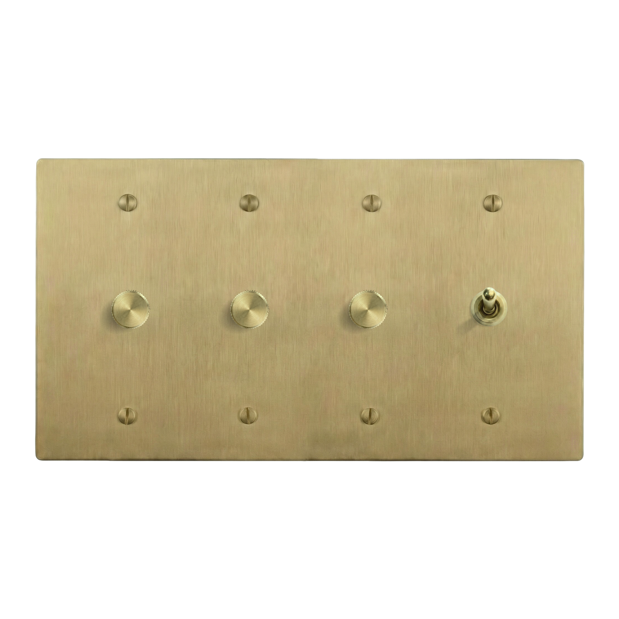 Satin Brass 4-Gang Dimmer, Dimmer, Dimmer & Vintage Toggle Switch Plate