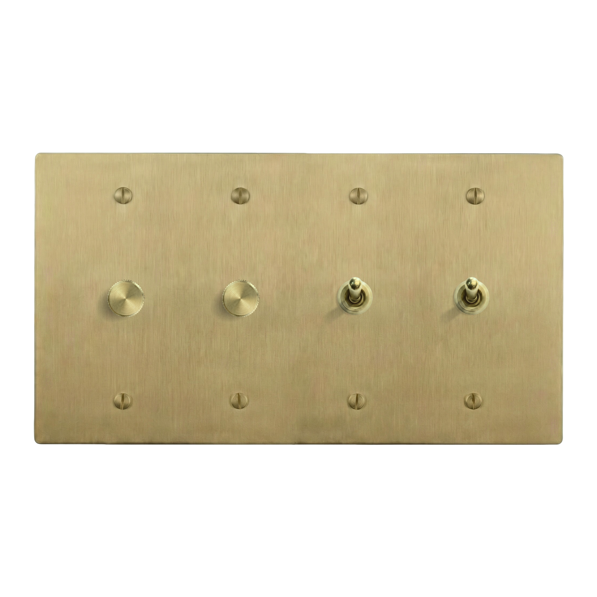 Satin Brass 4-Gang Dimmer, Dimmer, Vintage Toggle & Vintage Toggle Switch Plate