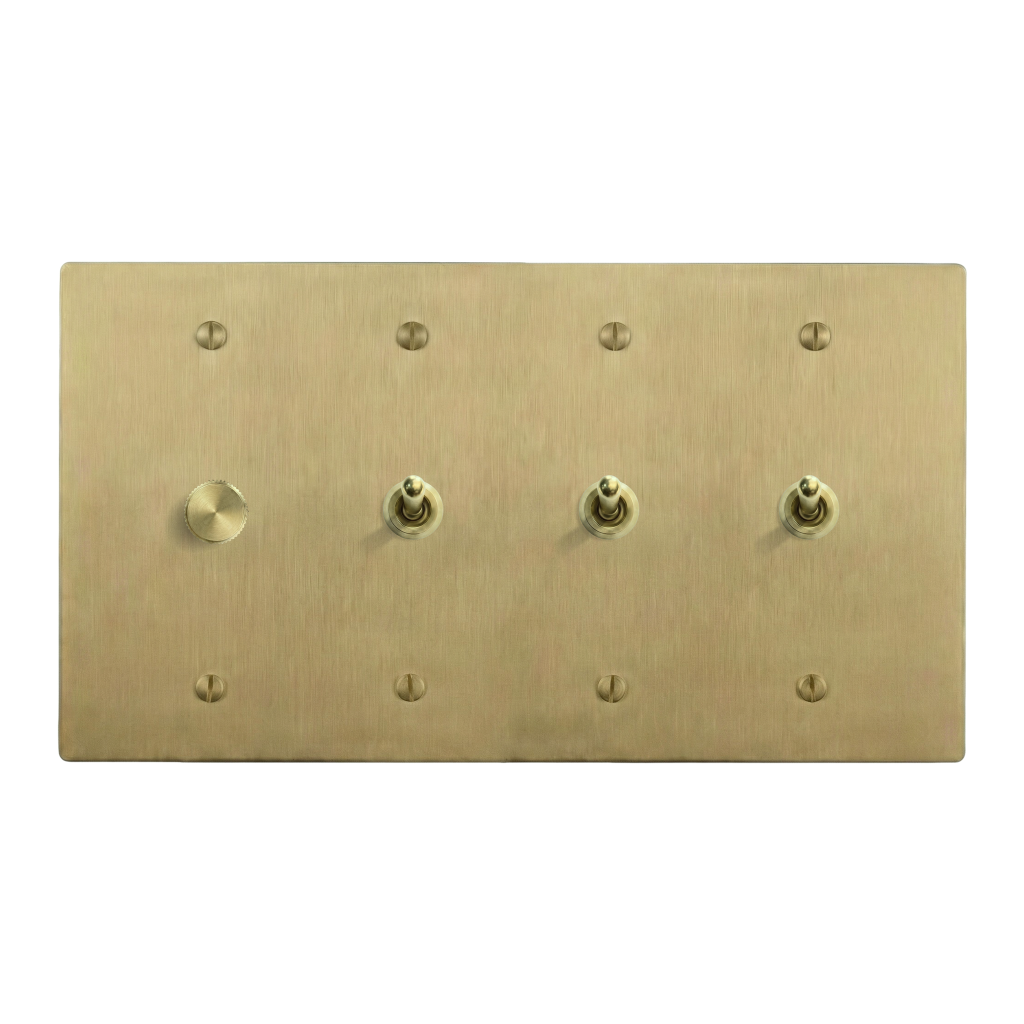 Satin Brass 4-Gang Dimmer, Vintage Toggle, Vintage Toggle & Vintage Toggle Switch Plate