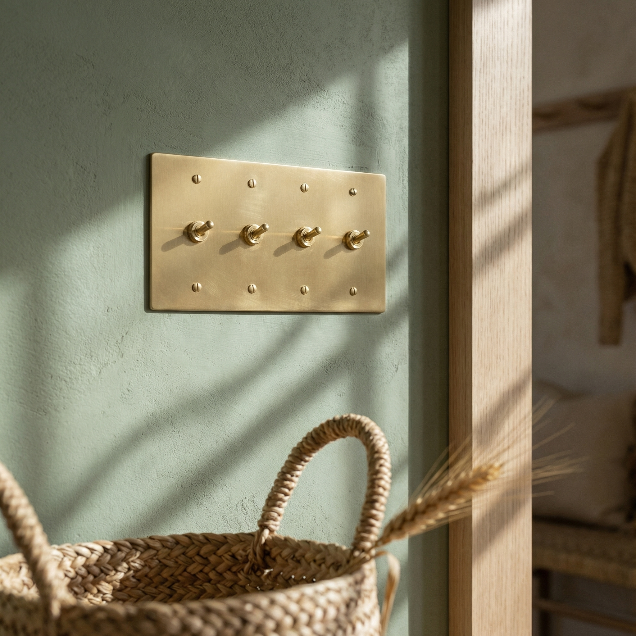satin brass 4 gang vintage toggle switch plate on a textured sage wall, exuding quiet luxury.