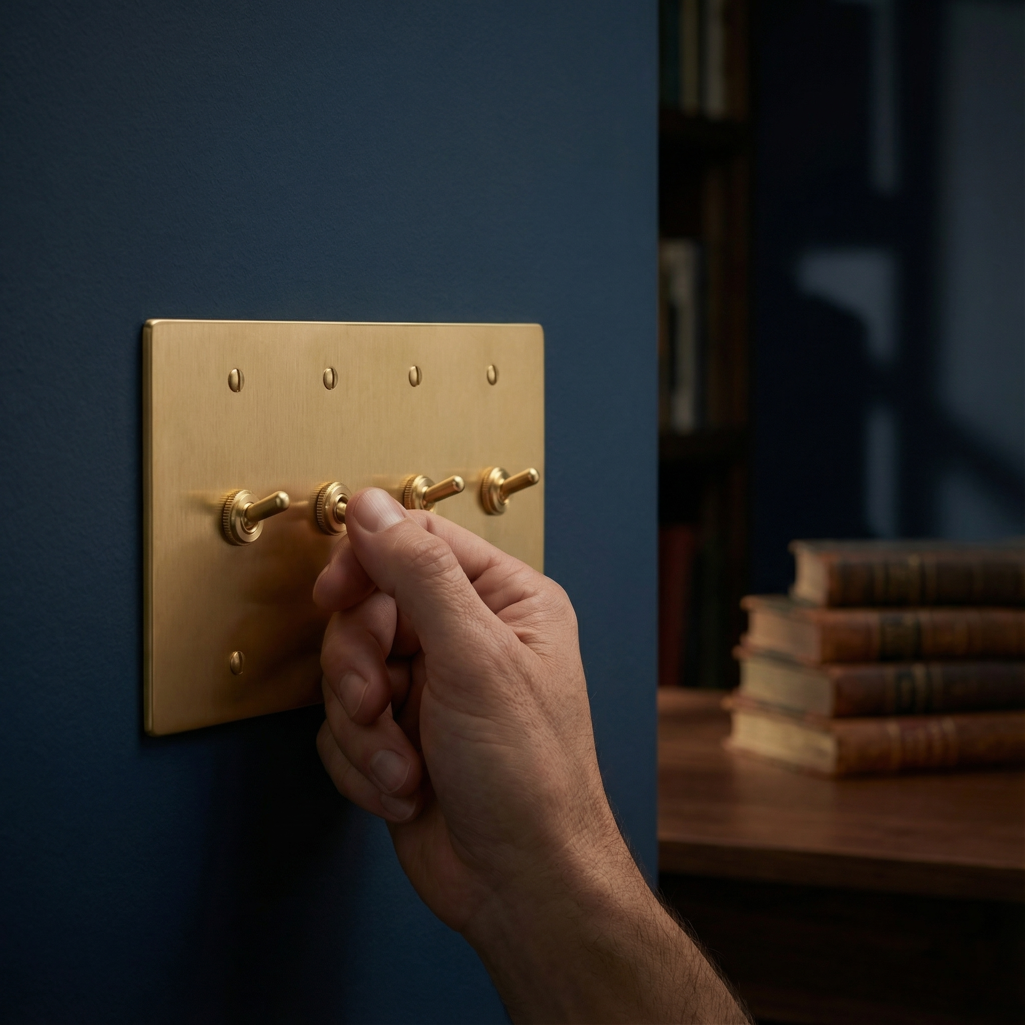 A hand operates a satin brass 4 gang vintage toggle switch plate on a navy wall, evoking quiet luxury in a timeless study.