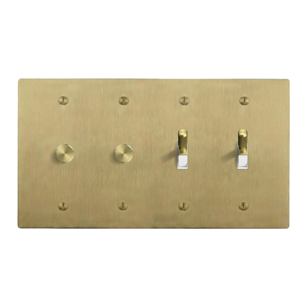 Satin Brass 4-Gang Dimmer, Dimmer, Toggle & Toggle Switch Plate in White