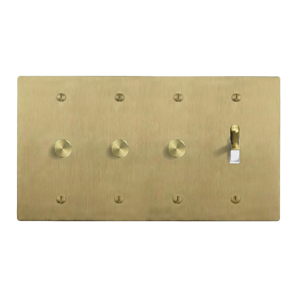Satin Brass 4-Gang Dimmer, Dimmer, Dimmer & Toggle Switch Plate in White