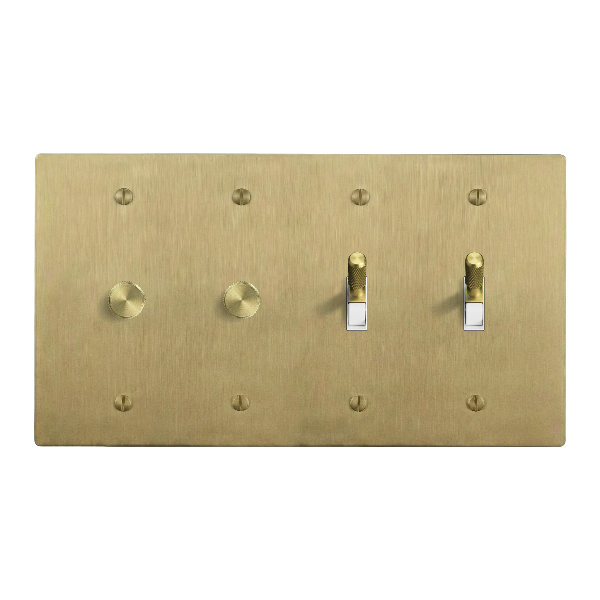 Satin Brass 4-Gang Dimmer, Dimmer, Toggle & Toggle Switch Plate in White