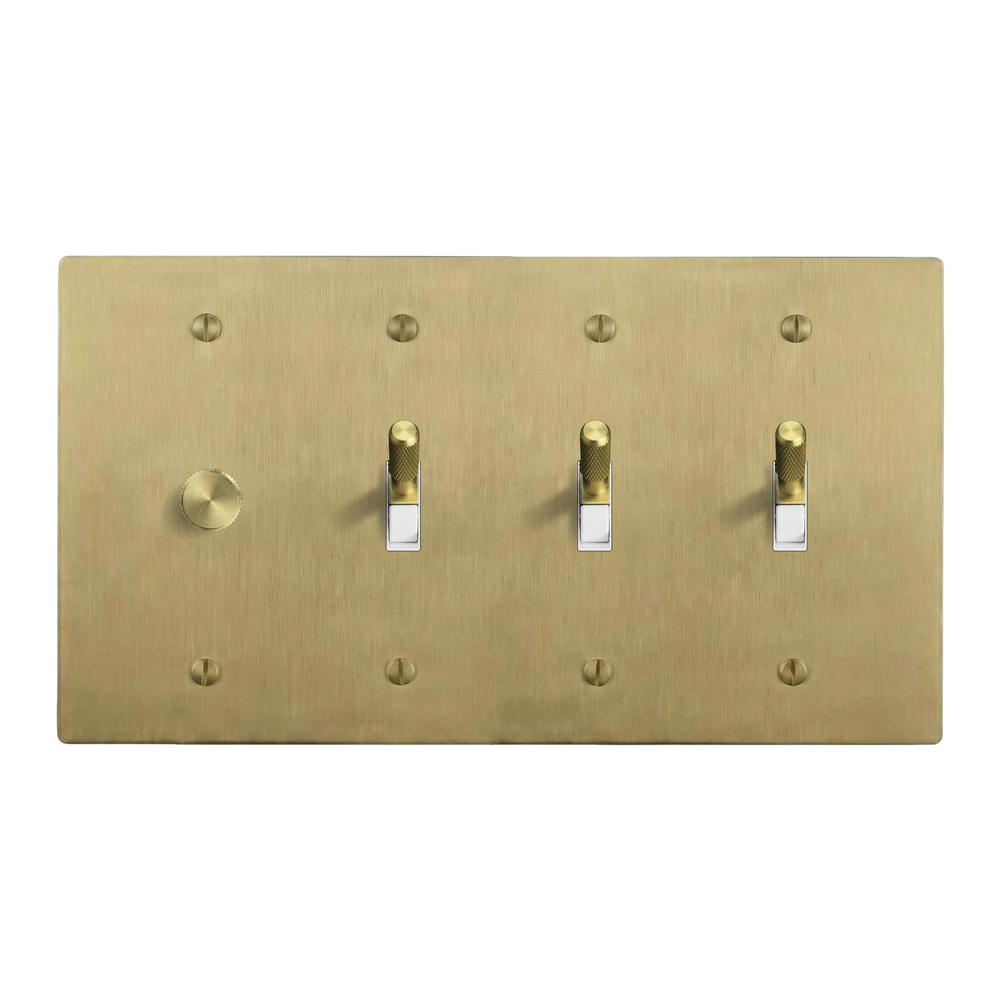Satin Brass 4-Gang Dimmer, Toggle, Toggle & Toggle Switch Plate in White