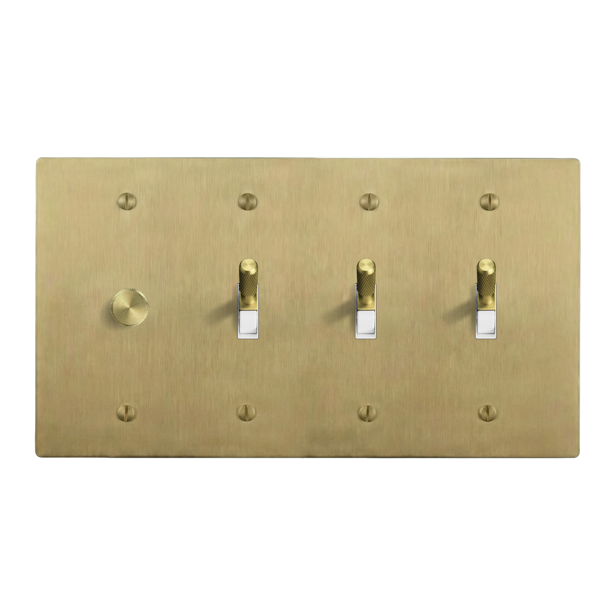 Satin Brass 4-Gang Dimmer, Toggle, Toggle & Toggle Switch Plate in White