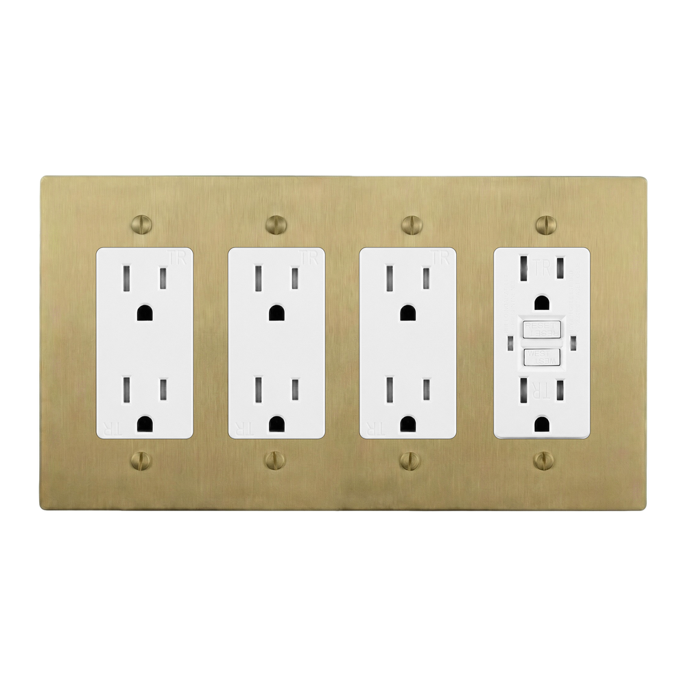 Satin Brass 4-Gang Duplex Outlet, Duplex Outlet, Duplex Outlet & GFCI Outlet Switch Plate in White