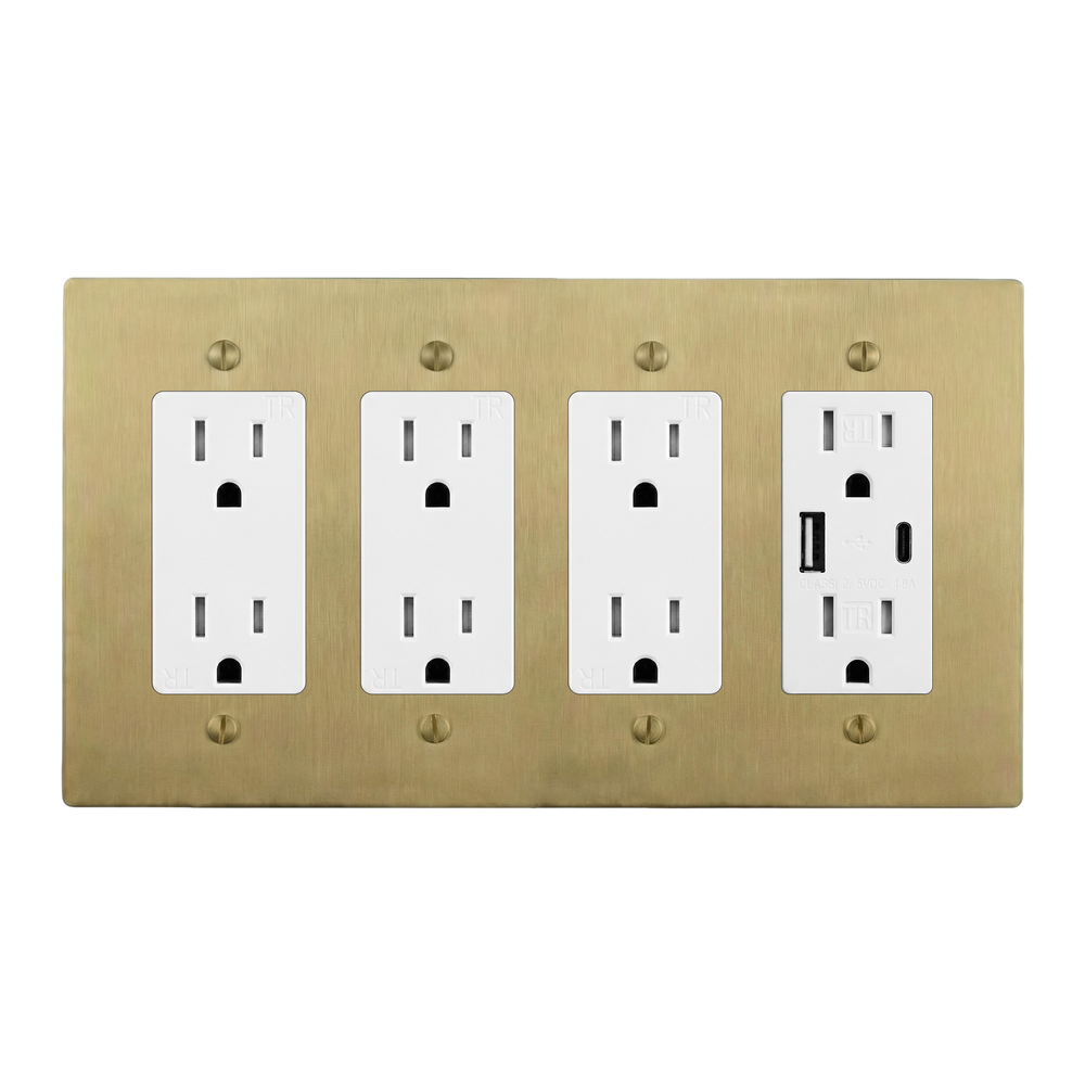 Satin Brass 4-Gang Duplex Outlet, Duplex Outlet, Duplex Outlet & USB Outlet Switch Plate in White