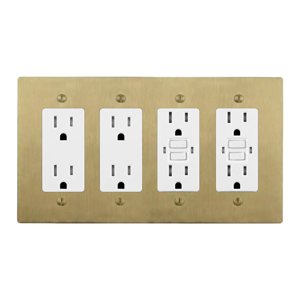 Satin Brass 4-Gang Duplex Outlet, Duplex Outlet, GFCI Outlet & GFCI Outlet Switch Plate in White