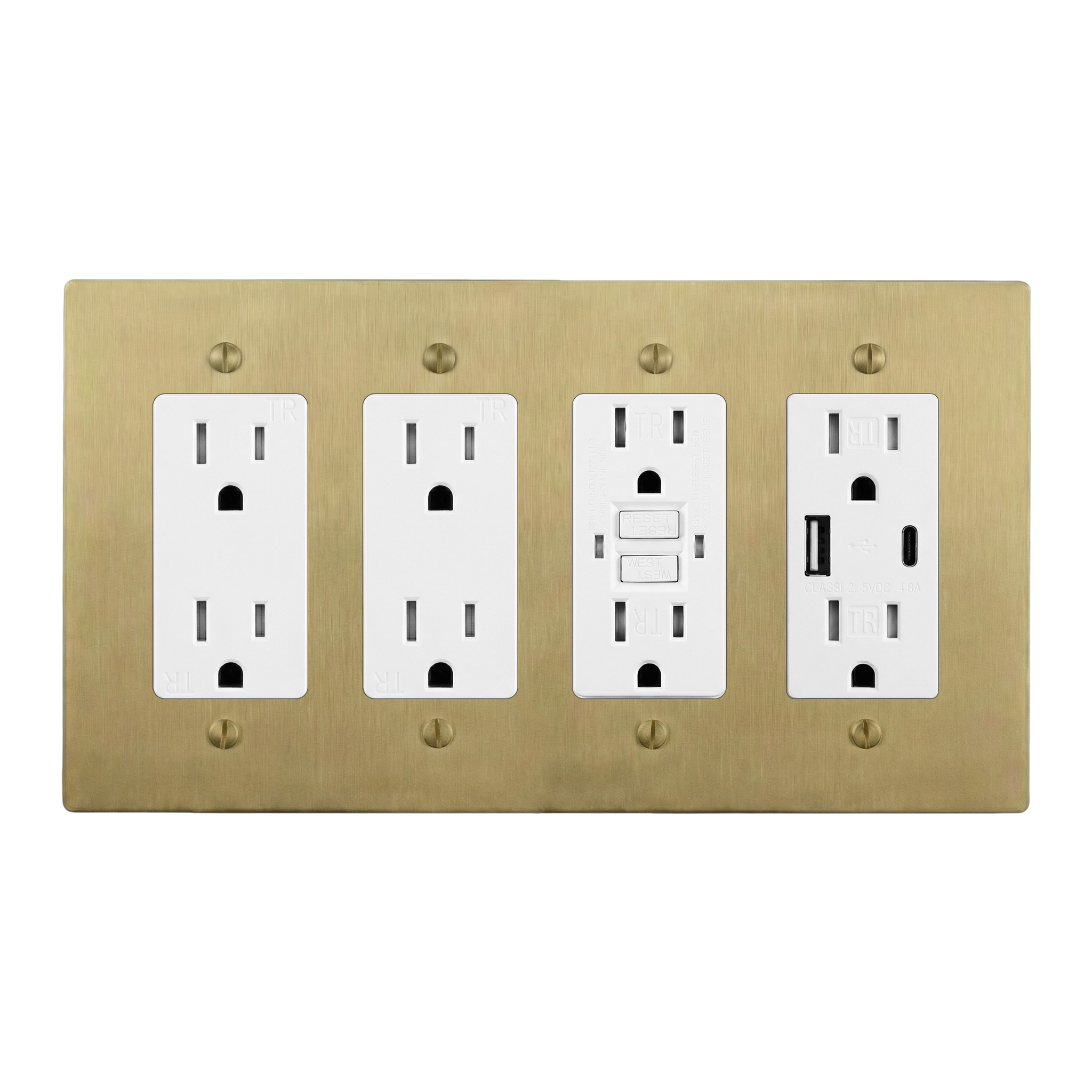 Satin Brass 4-Gang Duplex Outlet, Duplex Outlet, GFCI Outlet & USB Outlet Switch Plate in White