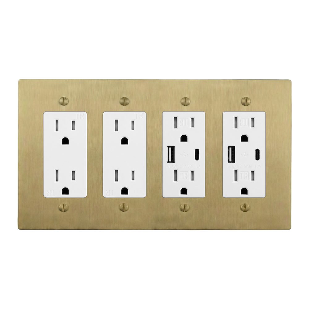 Satin Brass 4-Gang Duplex Outlet, Duplex Outlet, USB Outlet & USB Outlet Switch Plate in White
