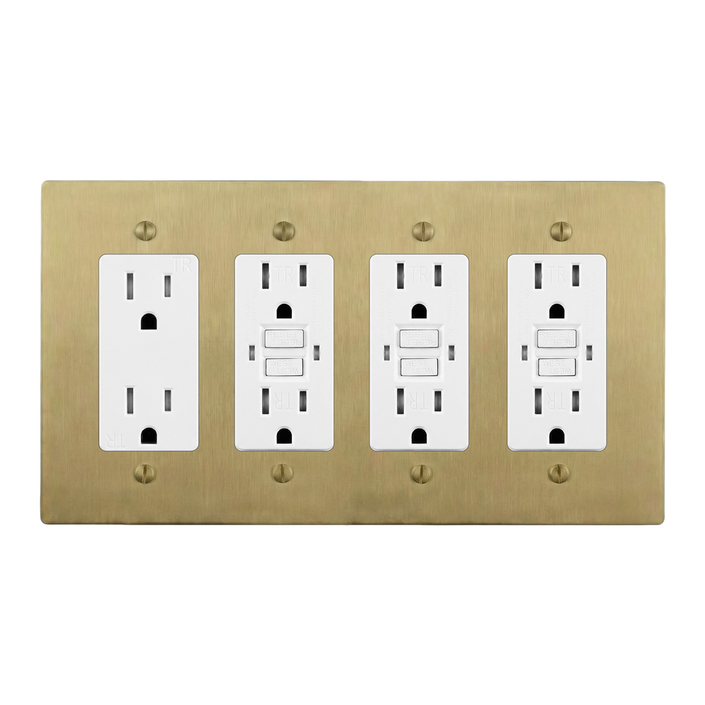 Satin Brass 4-Gang Duplex Outlet, GFCI Outlet, GFCI Outlet & GFCI Outlet Switch Plate in White