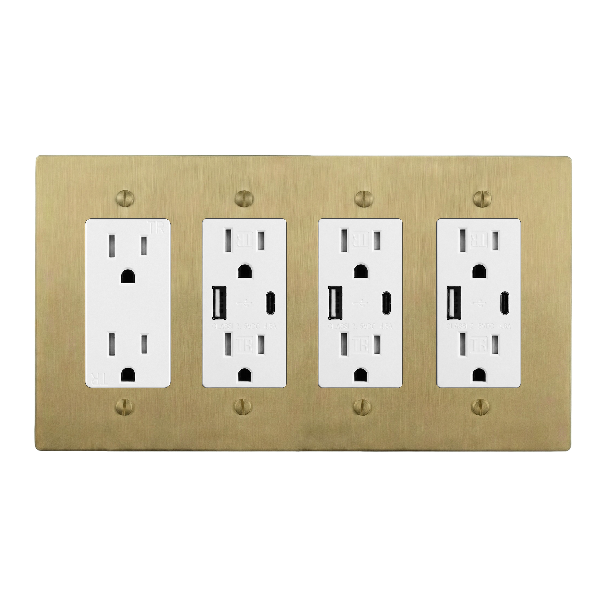 Satin Brass 4-Gang Duplex Outlet, USB Outlet, USB Outlet & USB Outlet Switch Plate in White