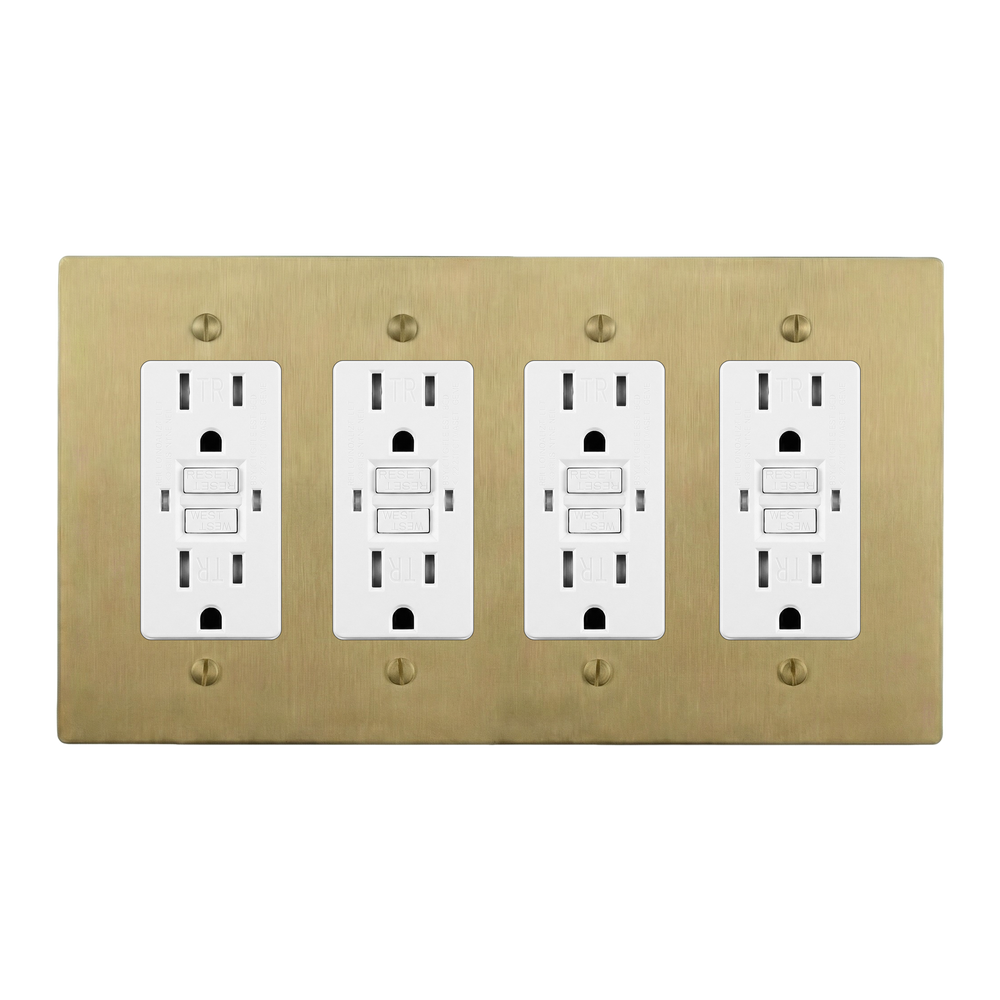 Satin Brass 4-Gang GFCI Outlet, GFCI Outlet, GFCI Outlet & GFCI Outlet Switch Plate in White