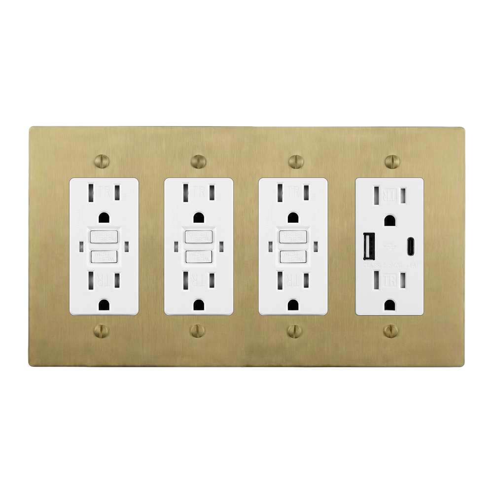 Satin Brass 4-Gang GFCI Outlet, GFCI Outlet, GFCI Outlet & USB Outlet Switch Plate in White