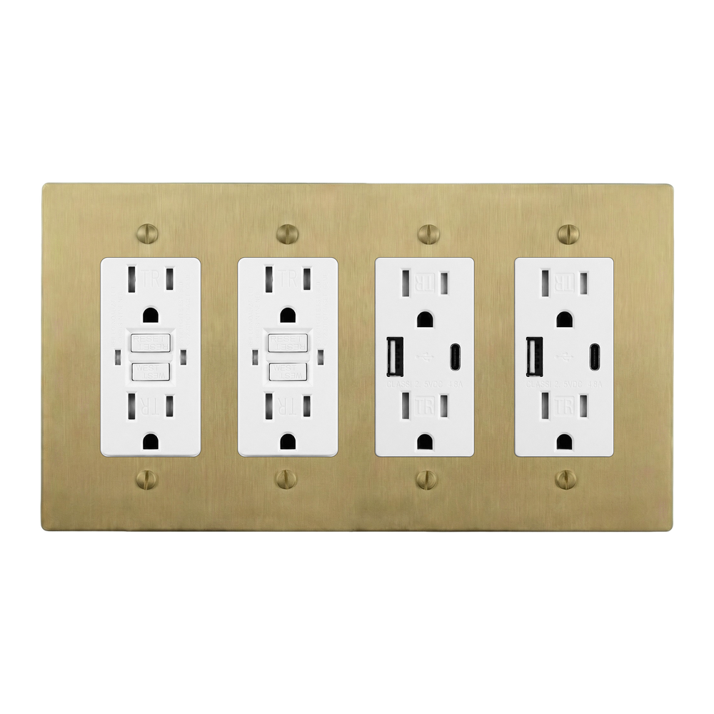Satin Brass 4-Gang GFCI Outlet, GFCI Outlet, USB Outlet & USB Outlet Switch Plate in White
