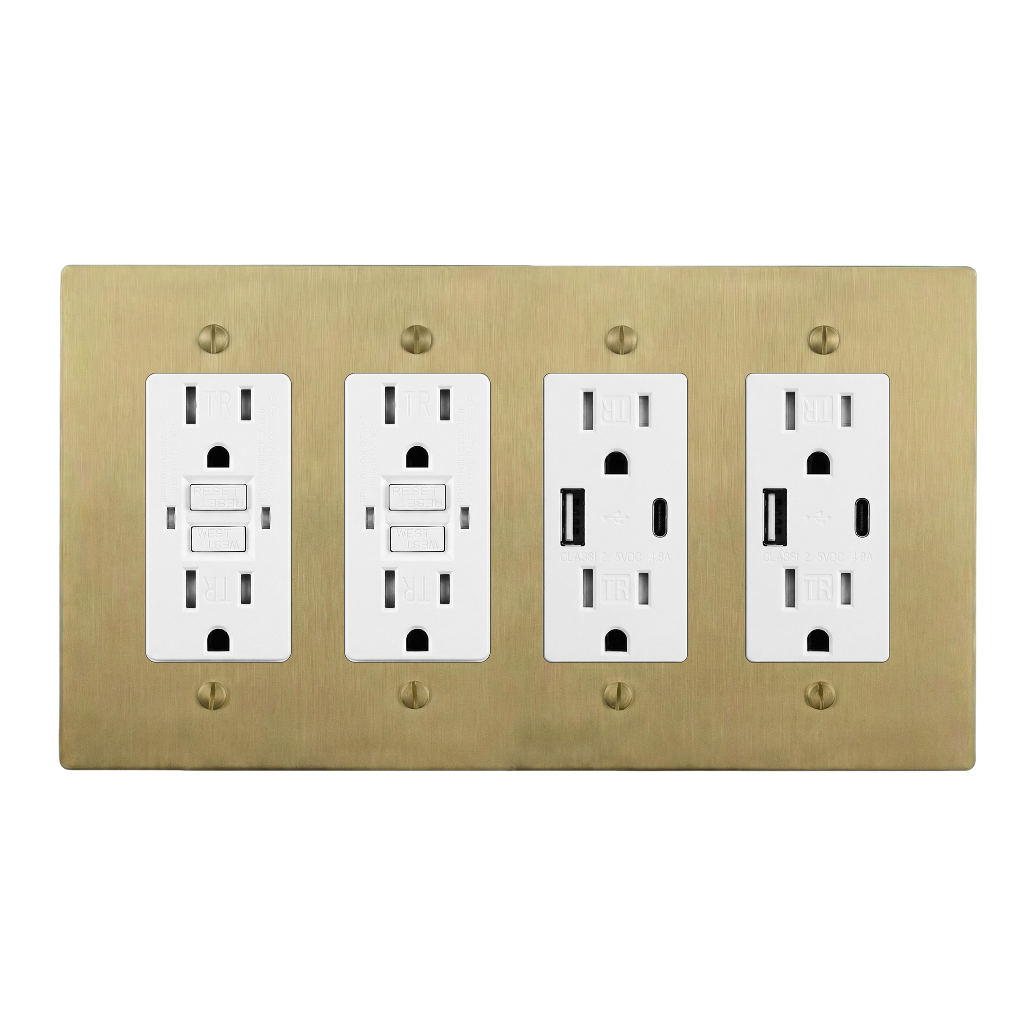 Satin Brass 4-Gang GFCI Outlet, GFCI Outlet, USB Outlet & USB Outlet Switch Plate in White