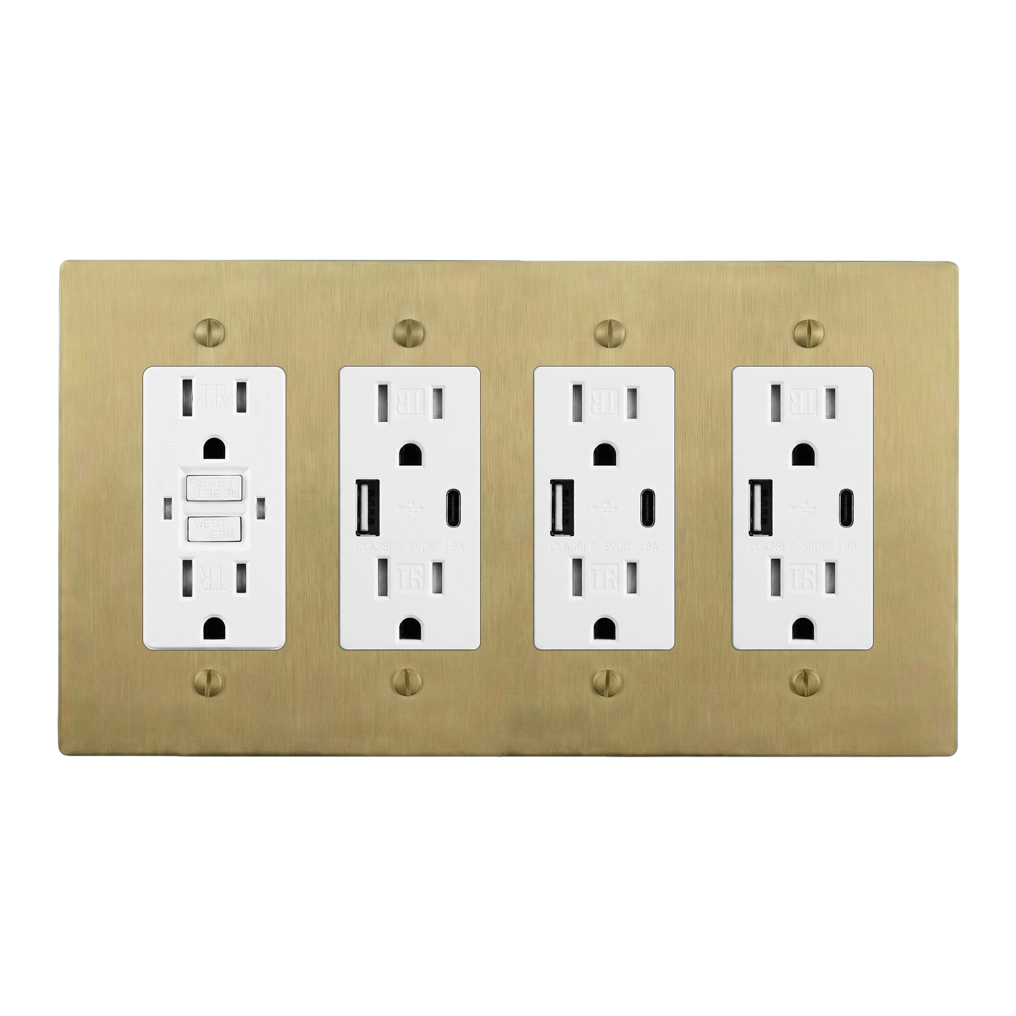 Satin Brass 4-Gang GFCI Outlet, USB Outlet, USB Outlet & USB Outlet Switch Plate in White