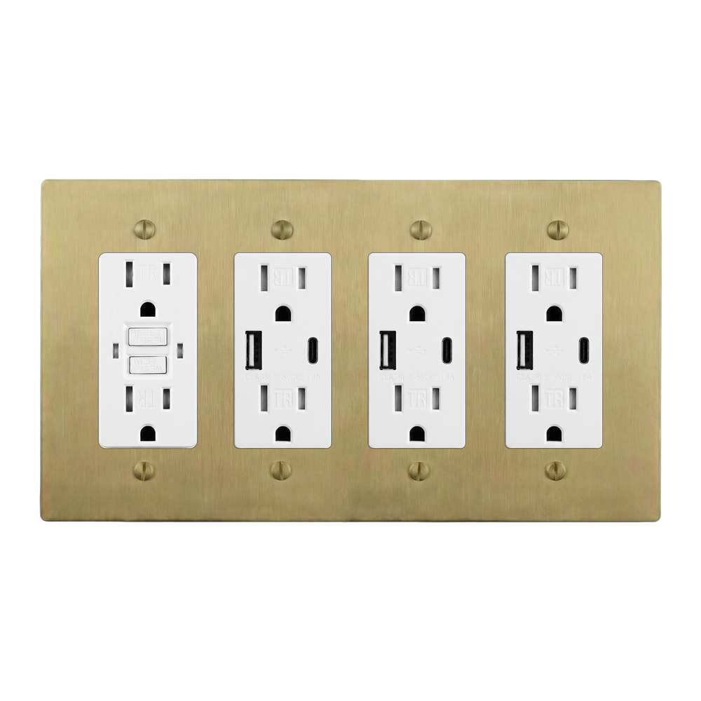 Satin Brass 4-Gang GFCI Outlet, USB Outlet, USB Outlet & USB Outlet Switch Plate in White
