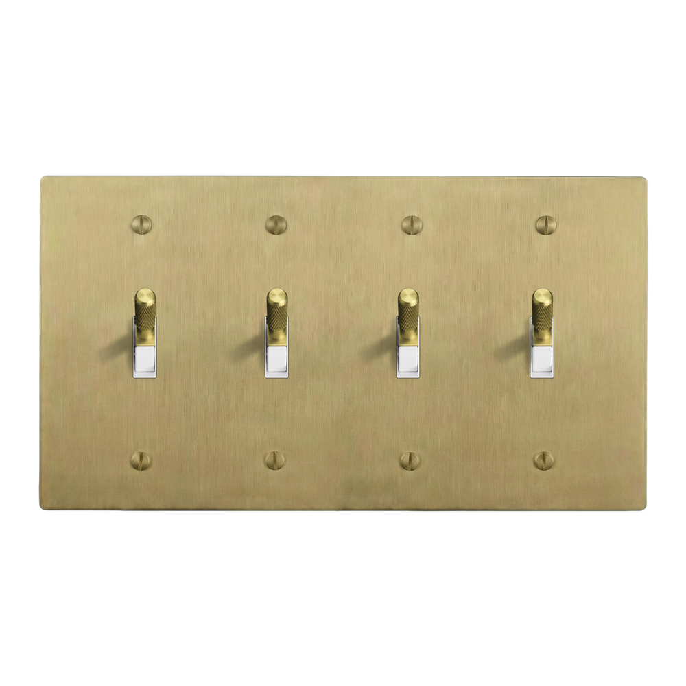 Satin Brass 4-Gang Toggle, Toggle, Toggle & Toggle Switch Plate in White