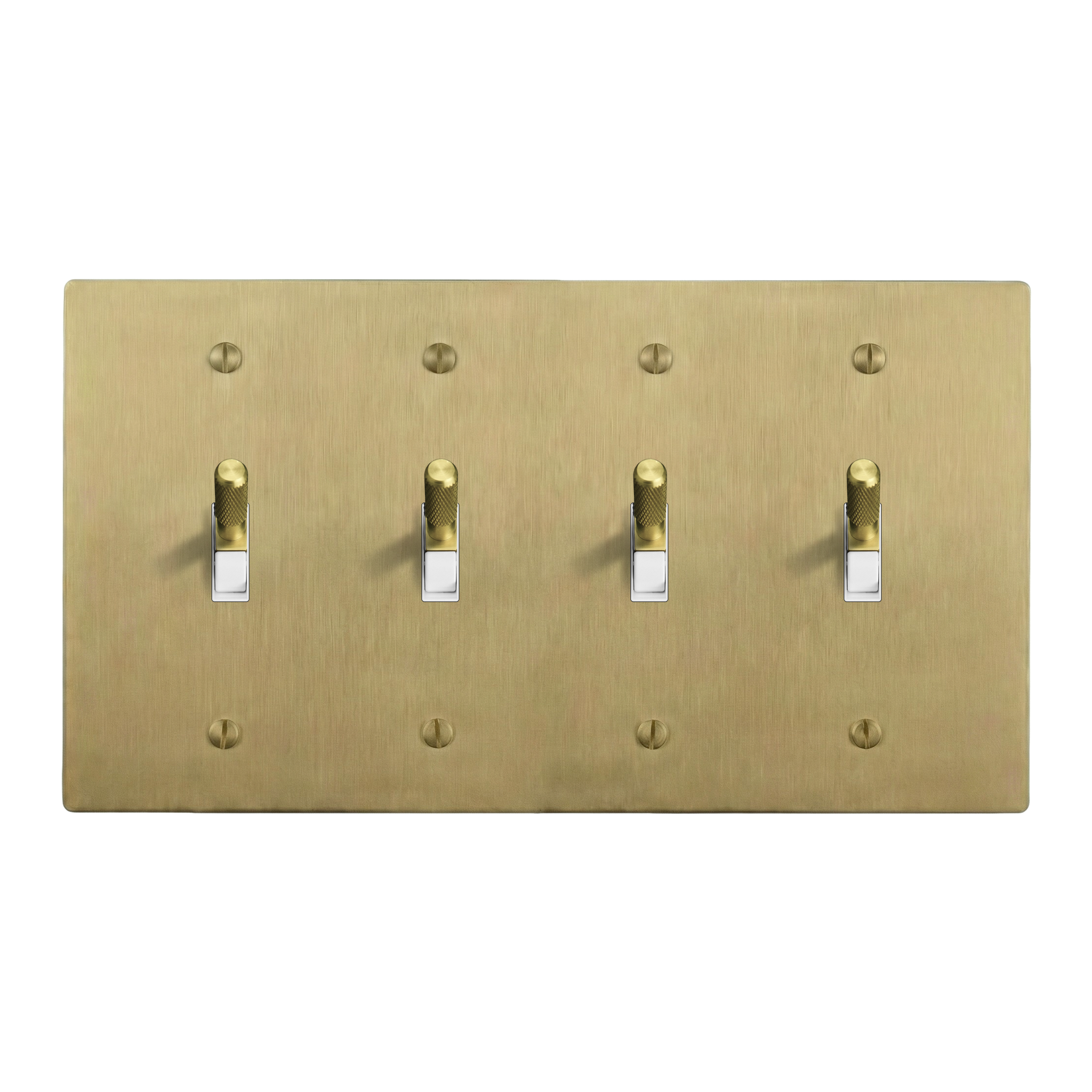 Satin Brass 4-Gang Toggle, Toggle, Toggle & Toggle Switch Plate in White