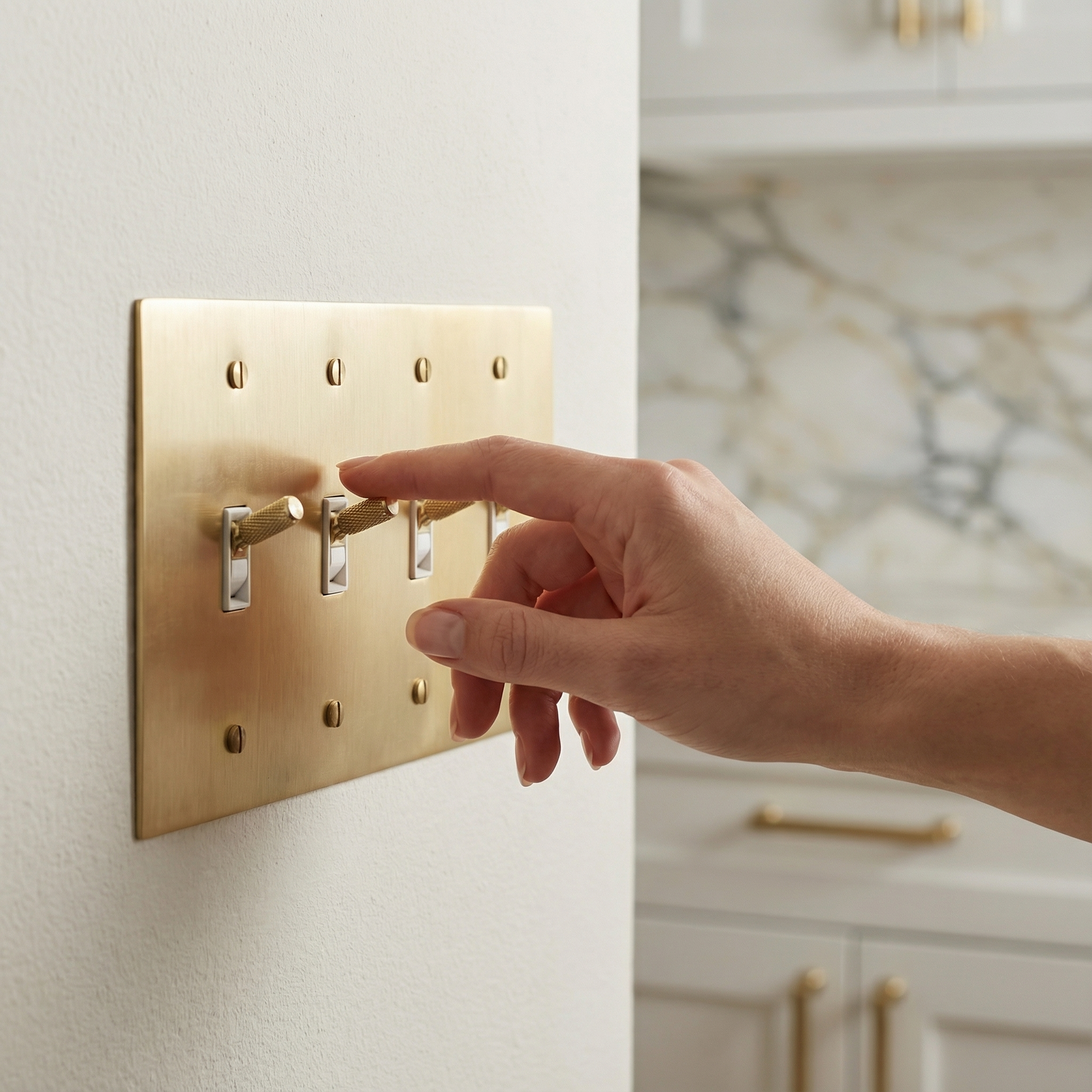Hand adjusts a knurled satin brass 4 gang toggle switch plate in an elegant kitchen with marble and brass accents.