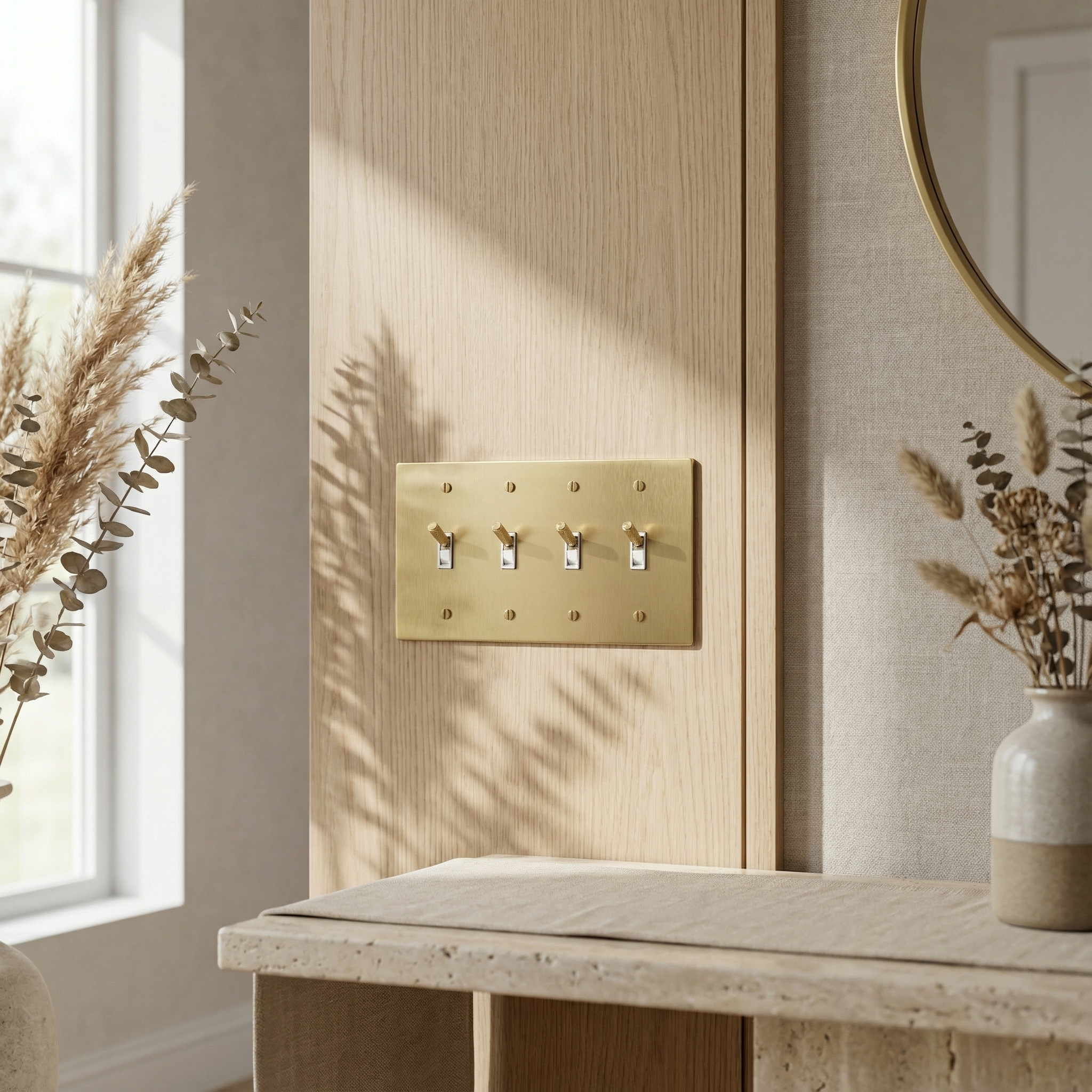 Elegant room with a satin brass 4 gang toggle switch plate on wood paneling, surrounded by natural decor.