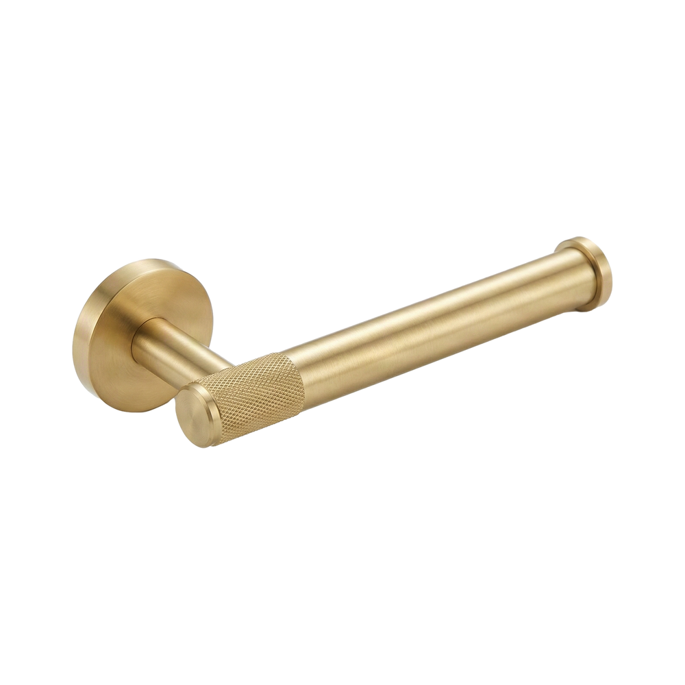 Solid satin brass toilet paper holder with a knurled texture for timeless, tactile luxury.