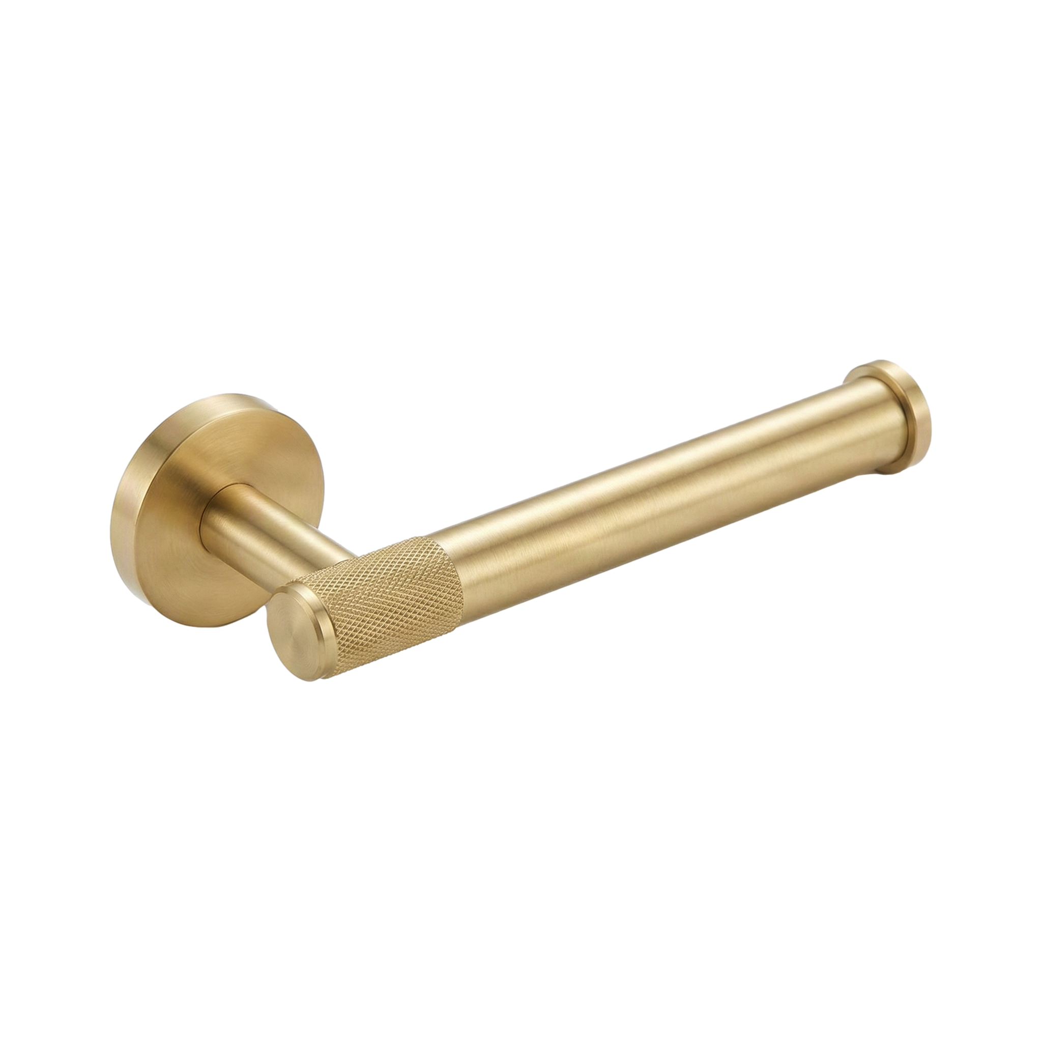 Solid satin brass toilet paper holder with a knurled texture for timeless, tactile luxury.