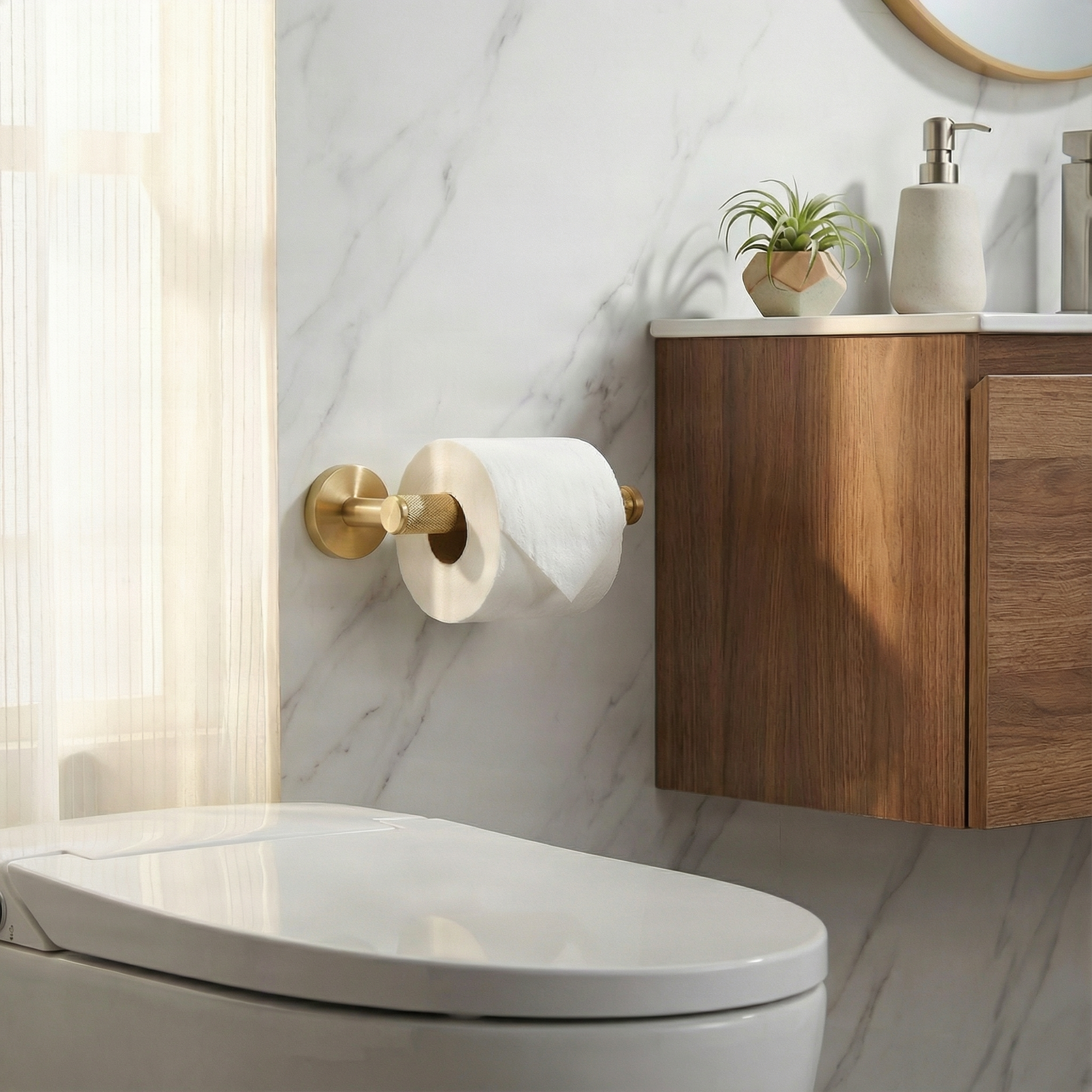 Solid brass bathroom toilet paper holder with knurled texture in a sleek, minimalist luxury bath.