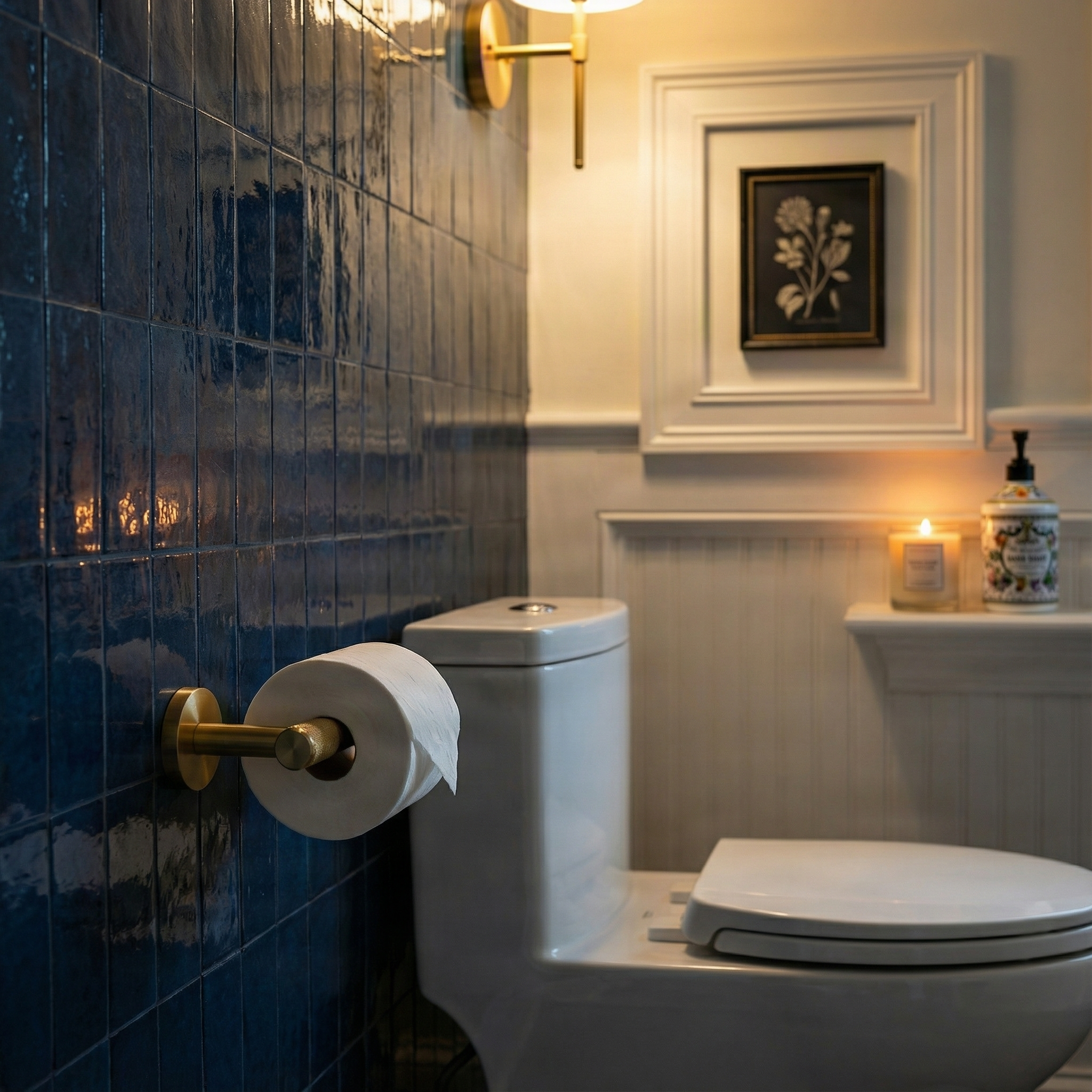 Elegant bathroom featuring a modern brass bathroom hardware toilet paper holder on deep blue tiles, conveying quiet luxury.