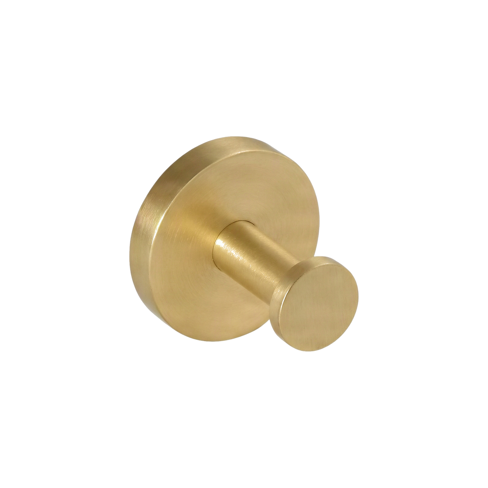 Solid satin brass towel hook with a subtle brushed finish, embodying minimalist permanence.