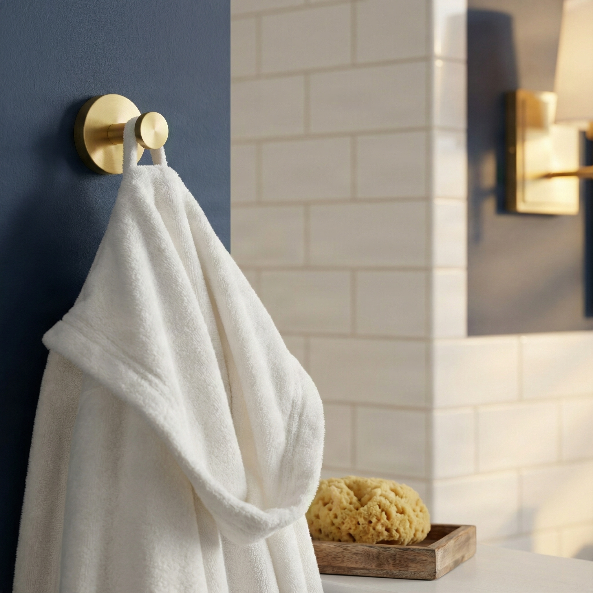 Knurled satin brass towel hook on a deep blue wall, holding a soft white robe in a serene bathroom.