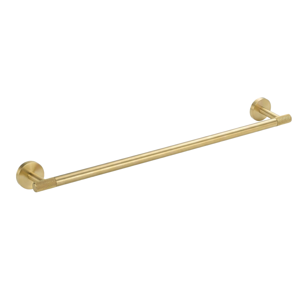 Exquisite satin brass 24 inch towel bar featuring subtle knurled textures for lasting luxury.