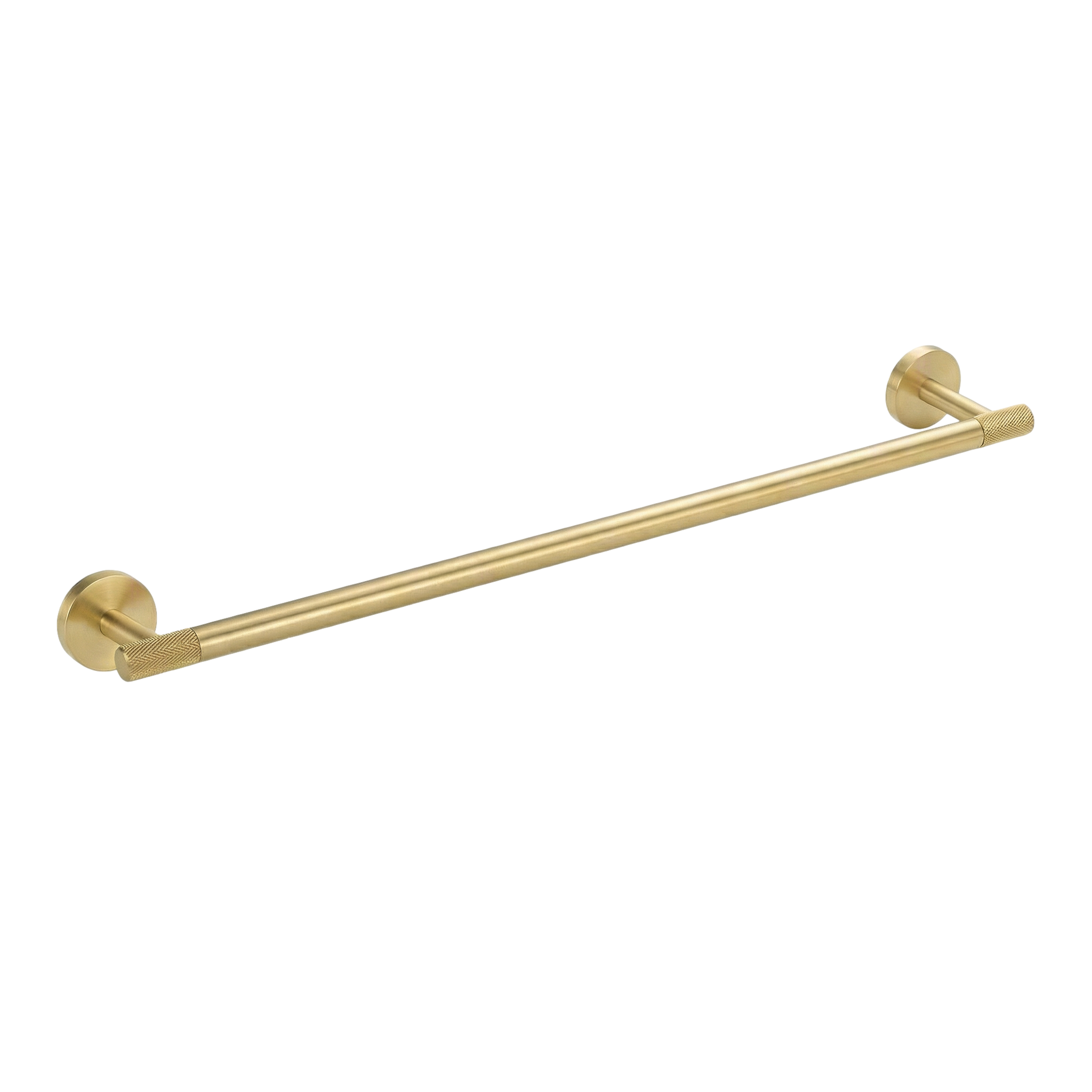 Exquisite satin brass 24 inch towel bar featuring subtle knurled textures for lasting luxury.