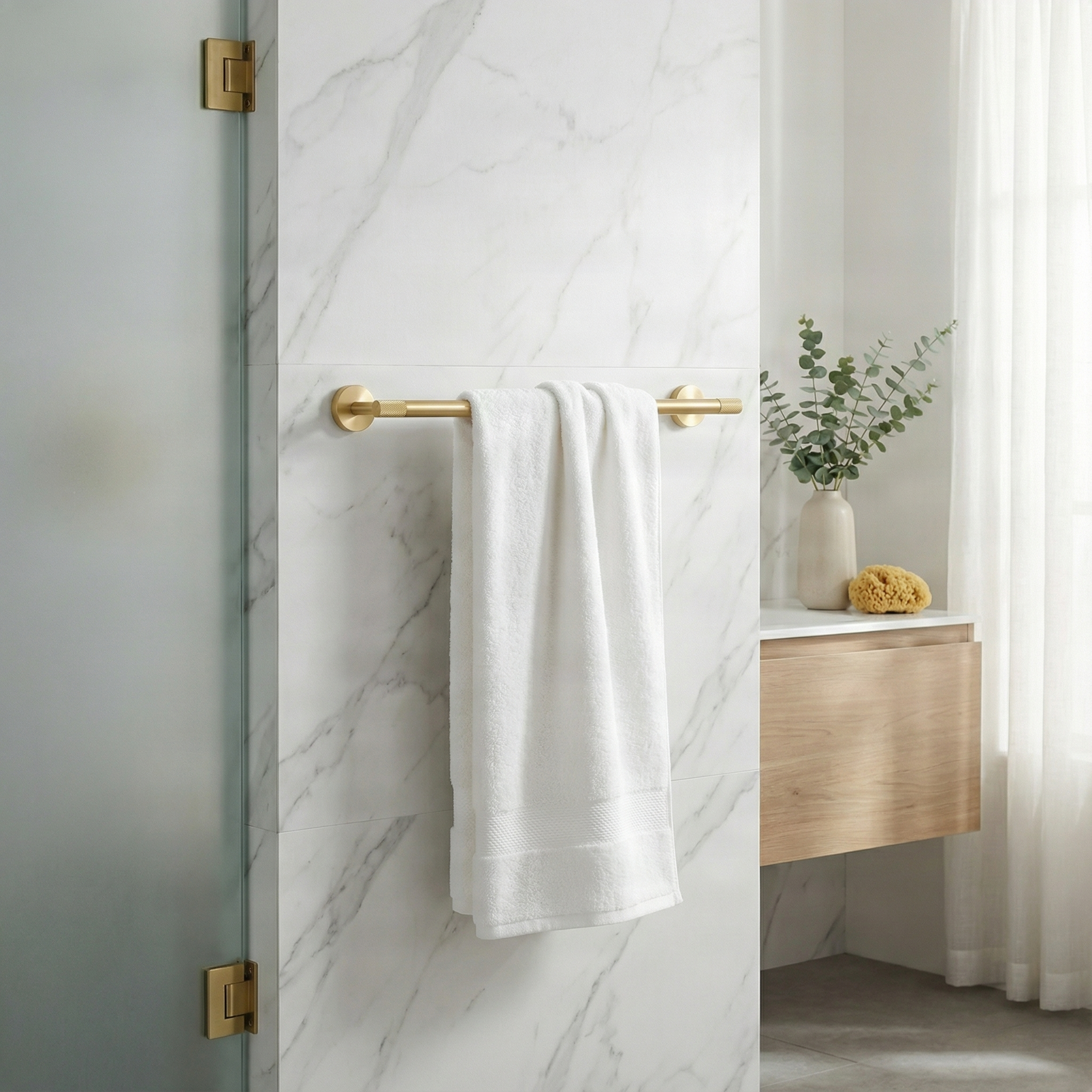 Crafted brass bathroom 24 inch towel bar on marble, holding a white towel in a timeless, luxurious setting.