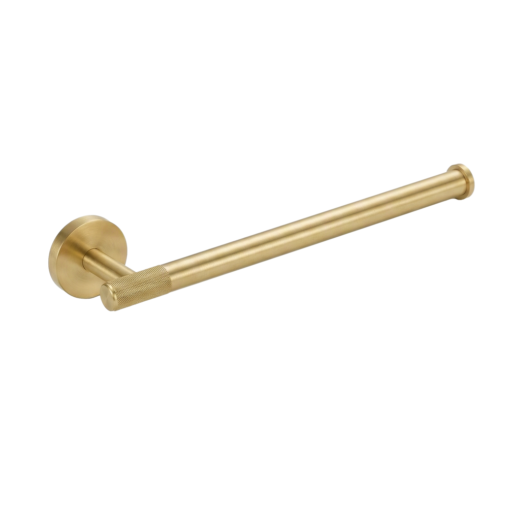 Crafted satin brass 11 inch towel bar with tactile knurled detailing.