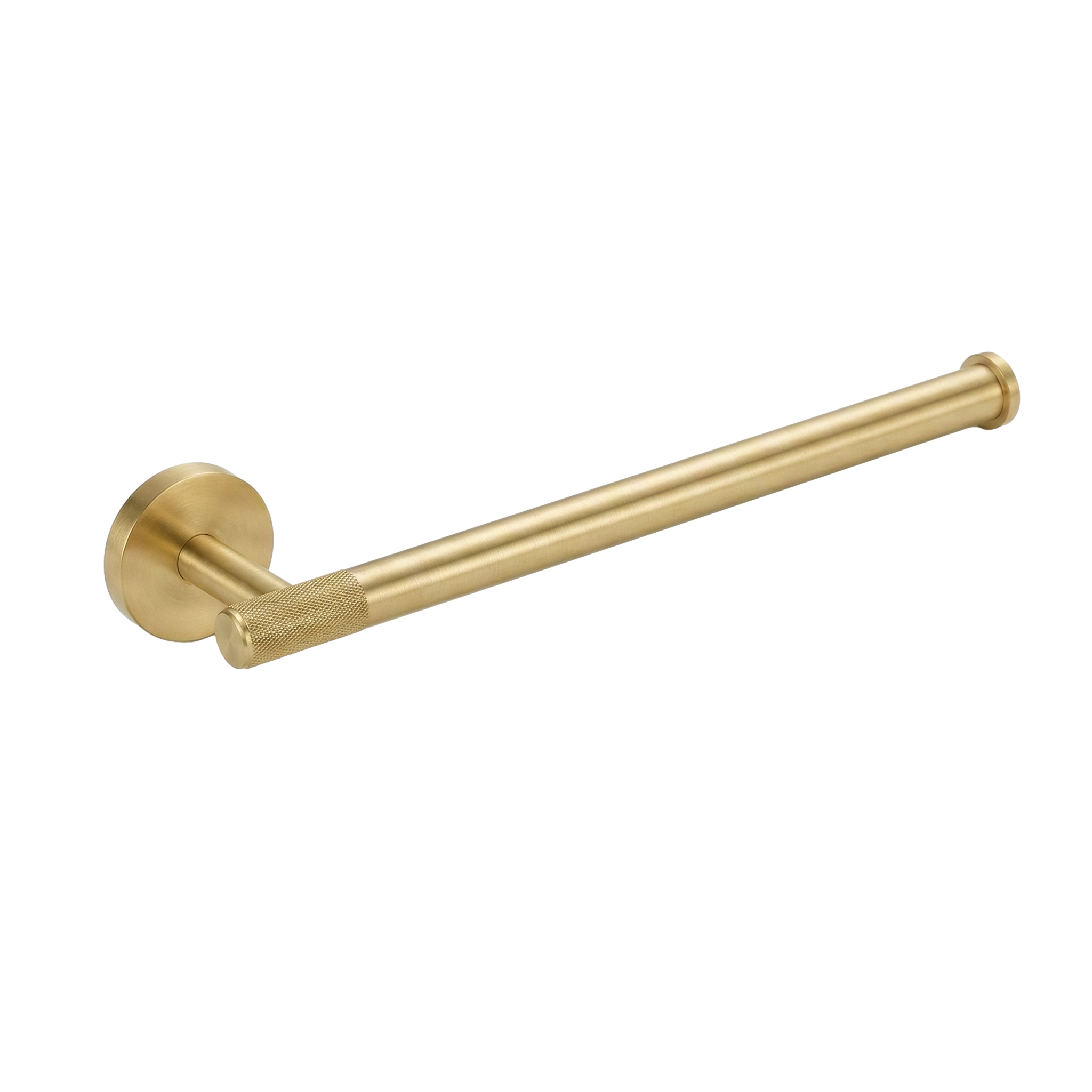 Crafted satin brass 11 inch towel bar with tactile knurled detailing.
