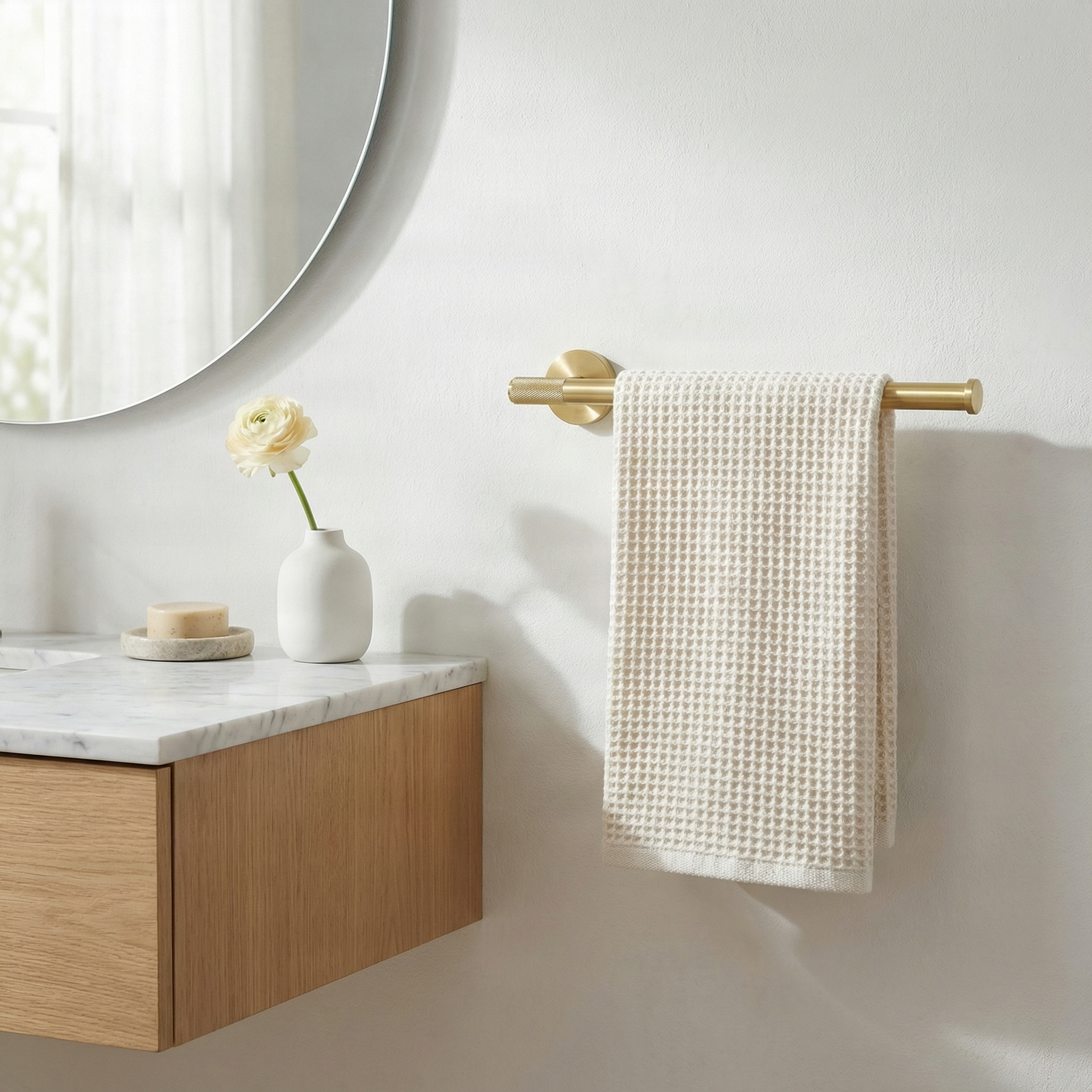 Timeless brass bathroom 11 inch towel bar with knurled detail, holding a waffle towel in an elegant, minimalist setting.