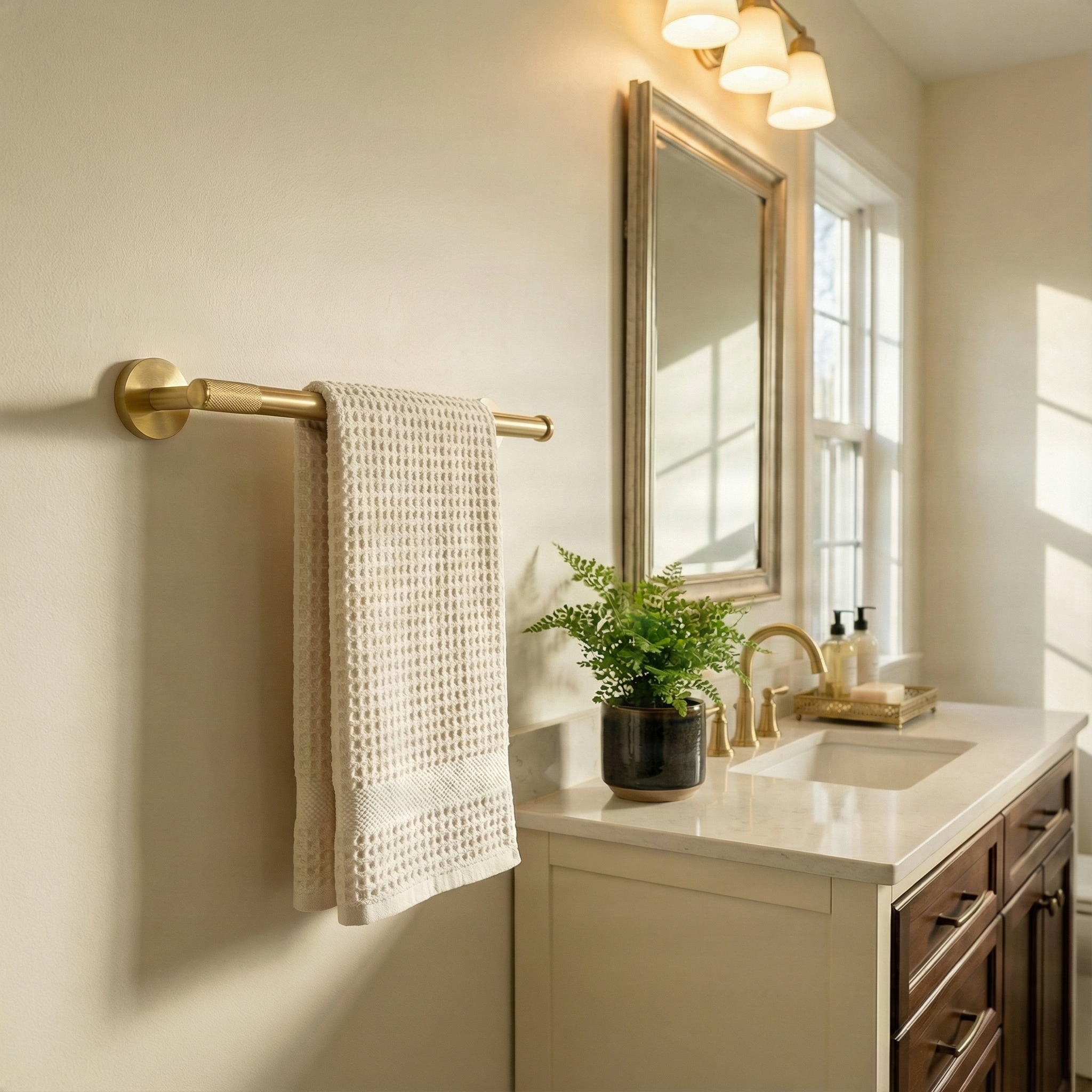 A knurled satin brass 11 inch towel bar adorns a luxurious bathroom, embodying timeless elegance and craftsmanship.