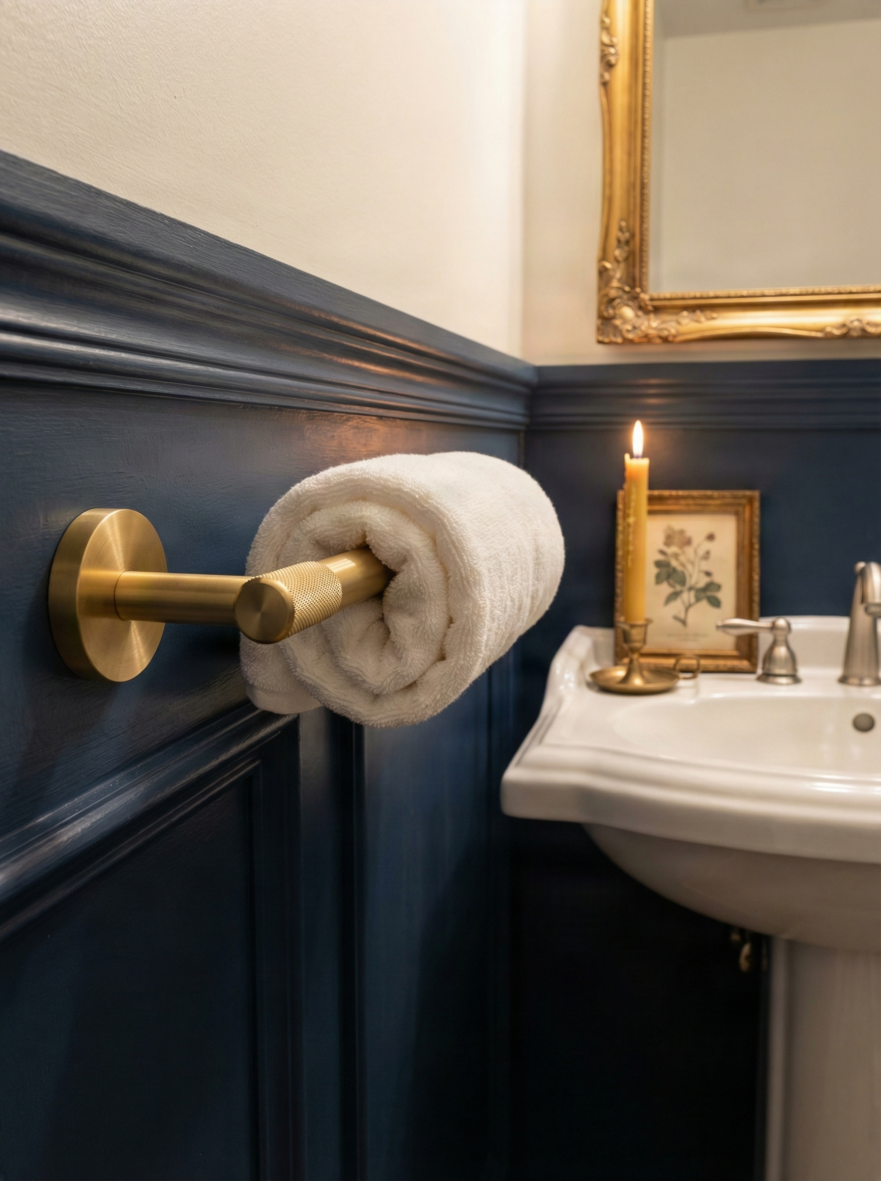 Deep green bathroom features a modern brass bathroom hardware 11 inch towel bar, exuding timeless luxury.