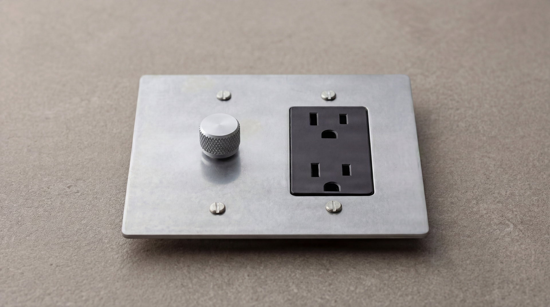 Satin Nickel Dimmer Outlets: A knurled knob and sleek duplex outlet on a brushed plate embody enduring craftsmanship.